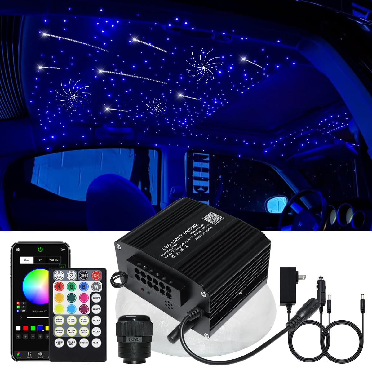 AZIMOM 2-in-1 Twinkle Meteor Fiber Optic Starlight Headliner 450pcs 0.03in 9.8ft Twinkle Stars+240pcs Shooting Star Sound Mode A