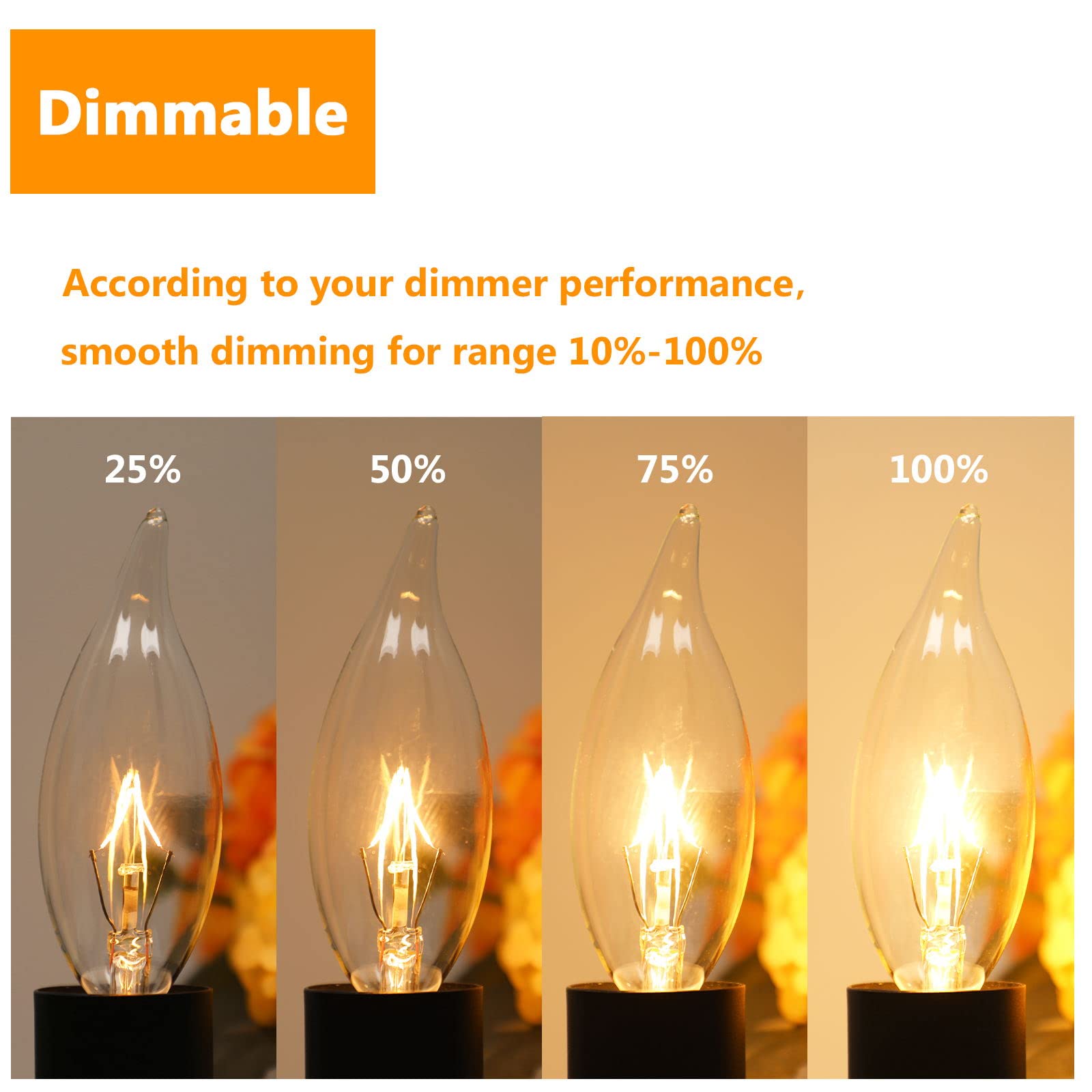 Brightever Vintage 12-Pack 40W Dimmable Candelabra Light Bulbs, 2500K Warm White, E12 Glass Flame Tip, Ideal for Chandeliers