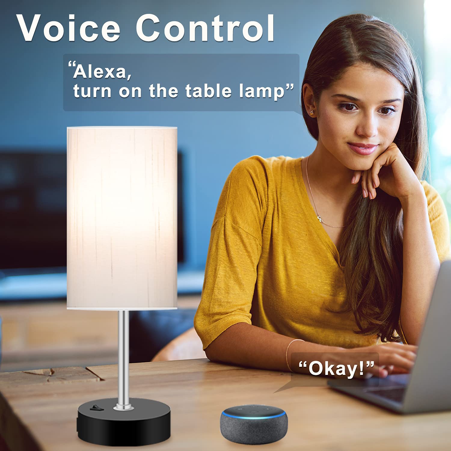 Peteme Smart RGB LED Bedroom Lamp, Off-White, Dimmable, 2 USB Ports, Works with Alexa, Syncs with Music, Wifi-Circular