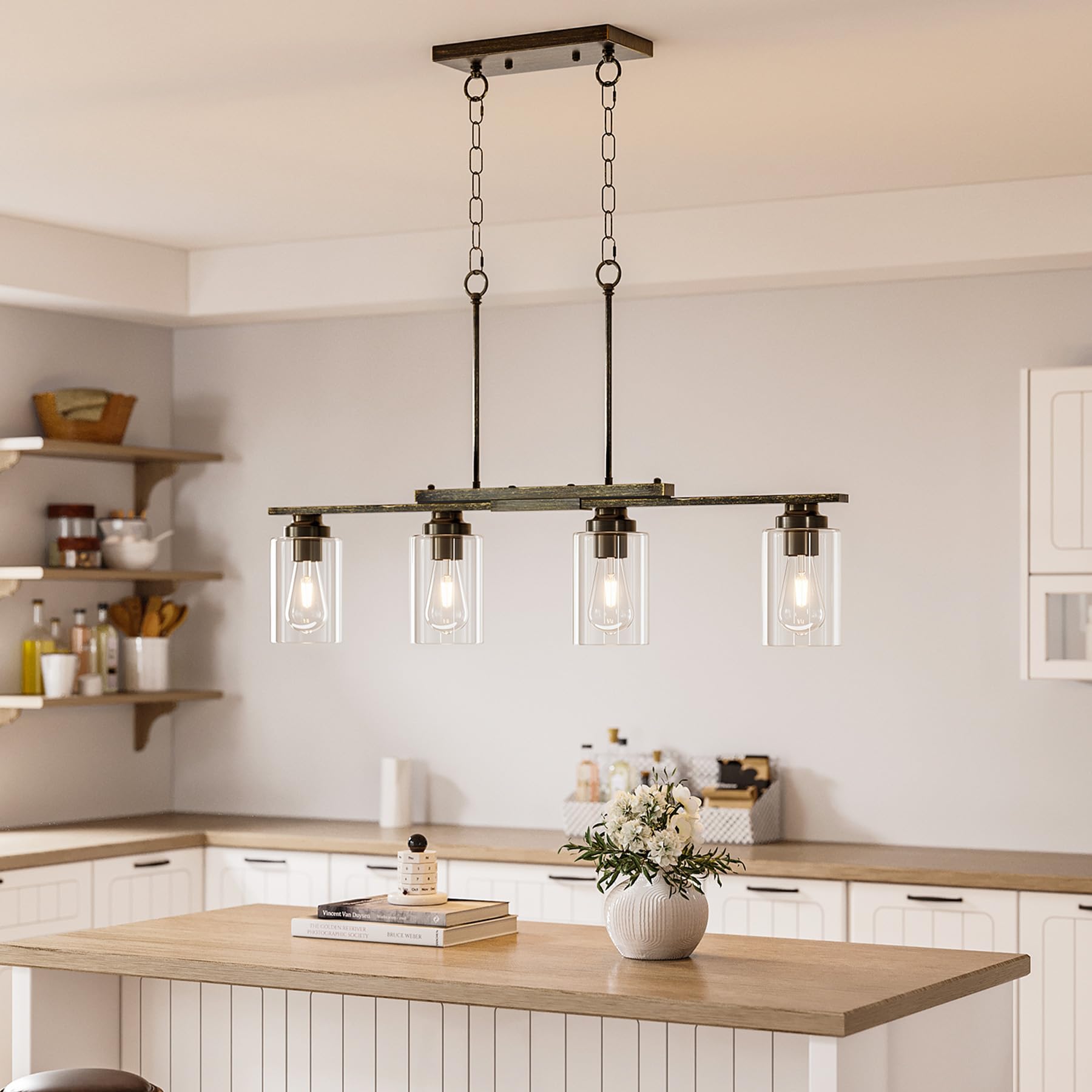 VONLUCE 4-Light Kitchen Island Chandelier, Glass Shade, Antique Black, Model PDL-GLC, ETL Certified, Farmhouse Dining Room Fixture
