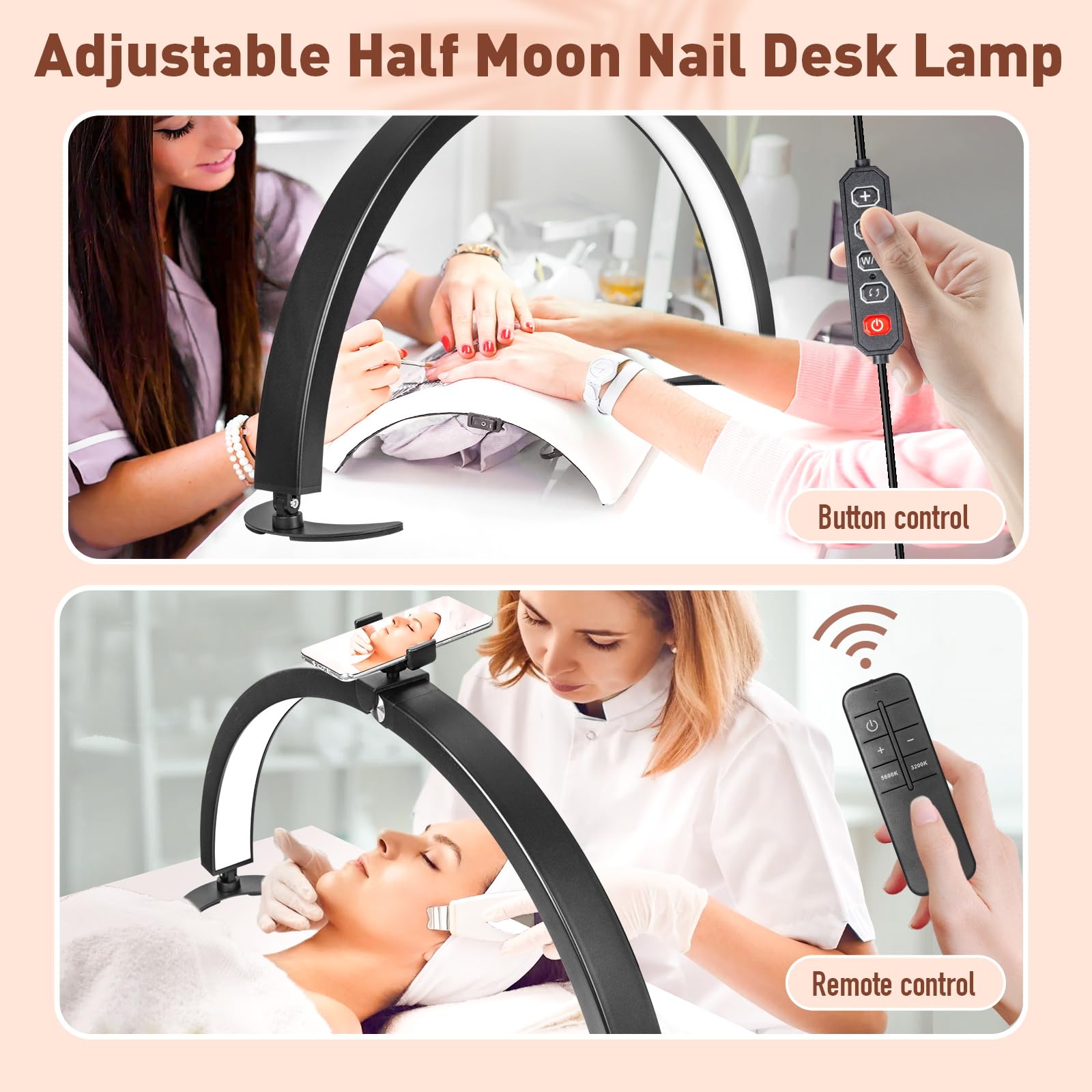 HITTI Large Half Moon Nail Desk Light, Foldable with Phone Holder, 7 Colors, 10 Brightness Levels, Black, Model MJBYL-Black