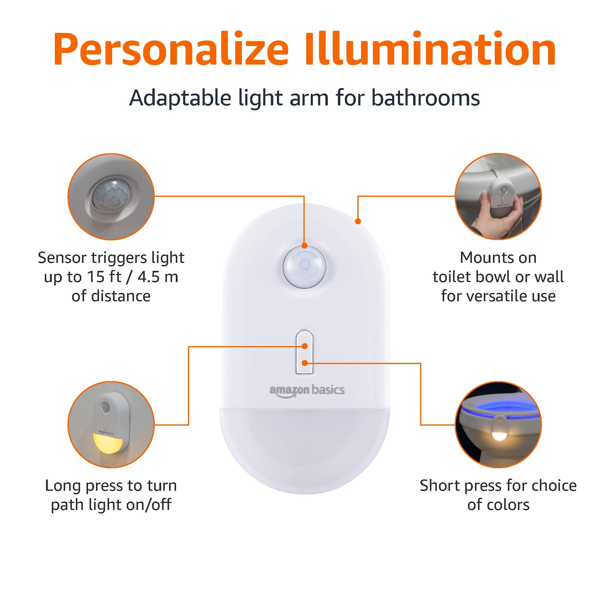 Amazon Basics Color Changing LED Toilet Bowl Light, Battery Operated, 2-Pack, White, Model 59397, Plastic