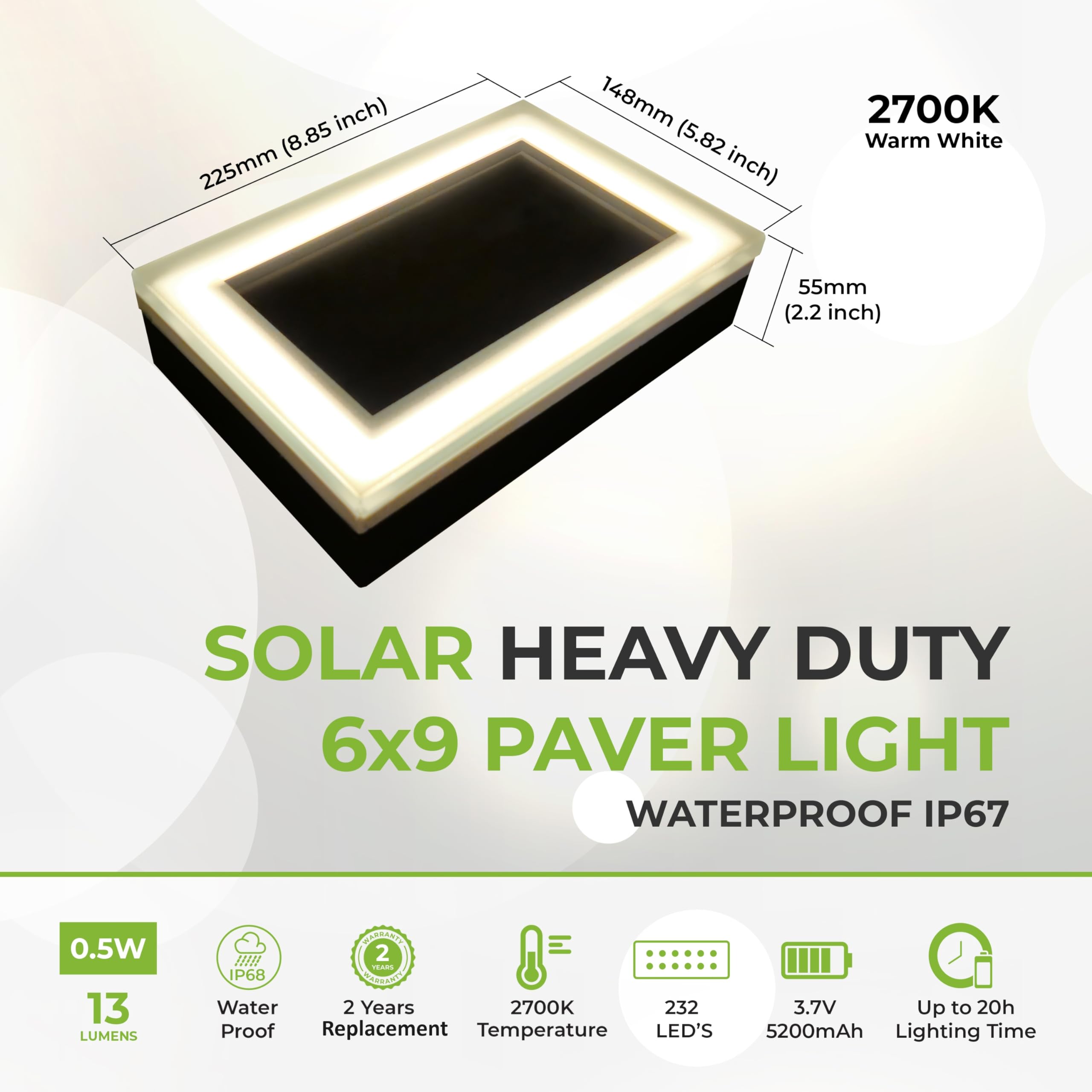 Lumengy Solar Paver Light 6?9 Inch  2700K  Up To 20 Hours Continuous Lighting  Stainless Steel  Thick Glass  Glare-Free Illumination For Driveways  Pathways & Garden  Waterproof & Drive-Over Rated