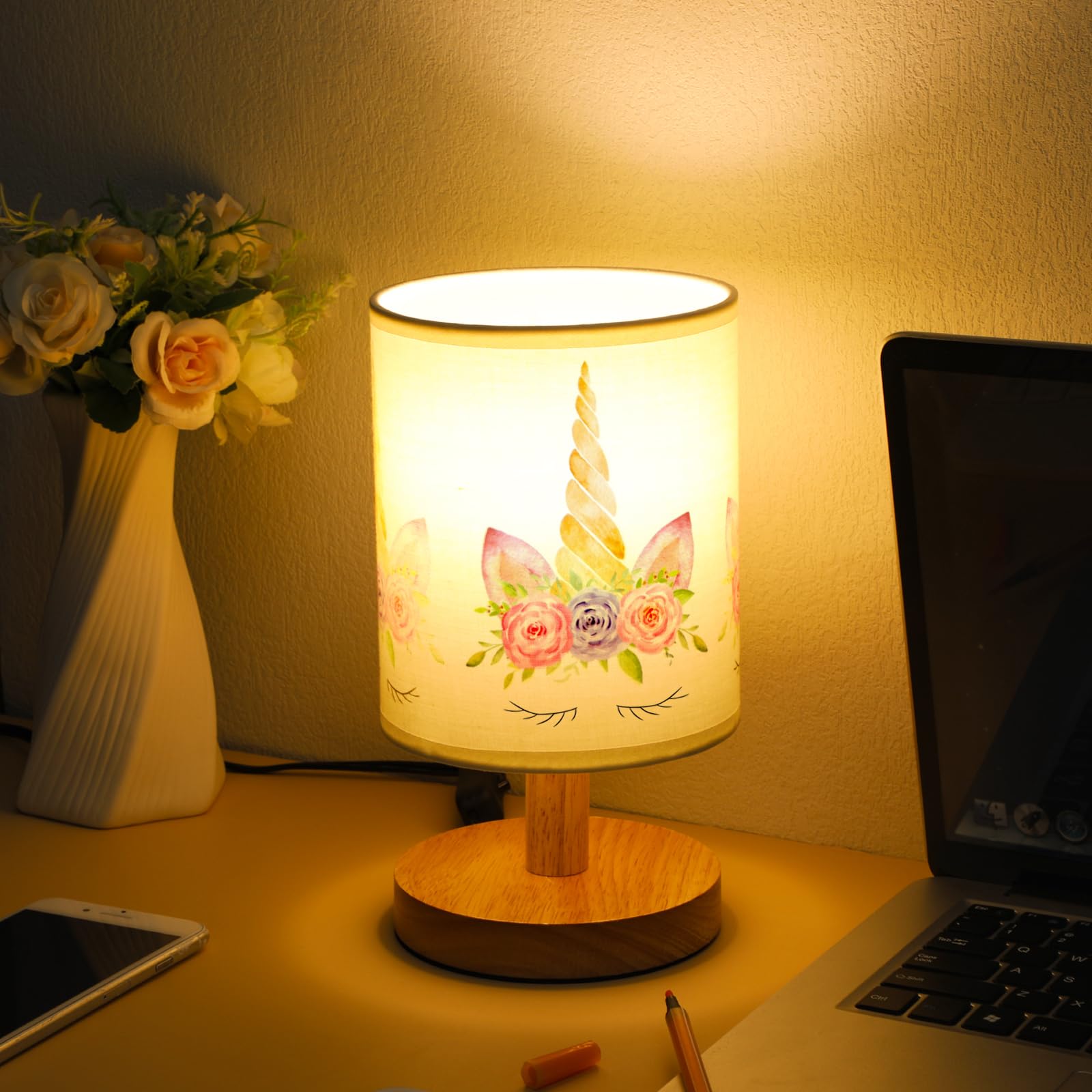 Vihose Unicorn Table Lamp For Bedroom Kids Bedside Lamp With Linen Wooden Nightstand Lamp Cartoon Nursery Lamp Lampshade For Gir