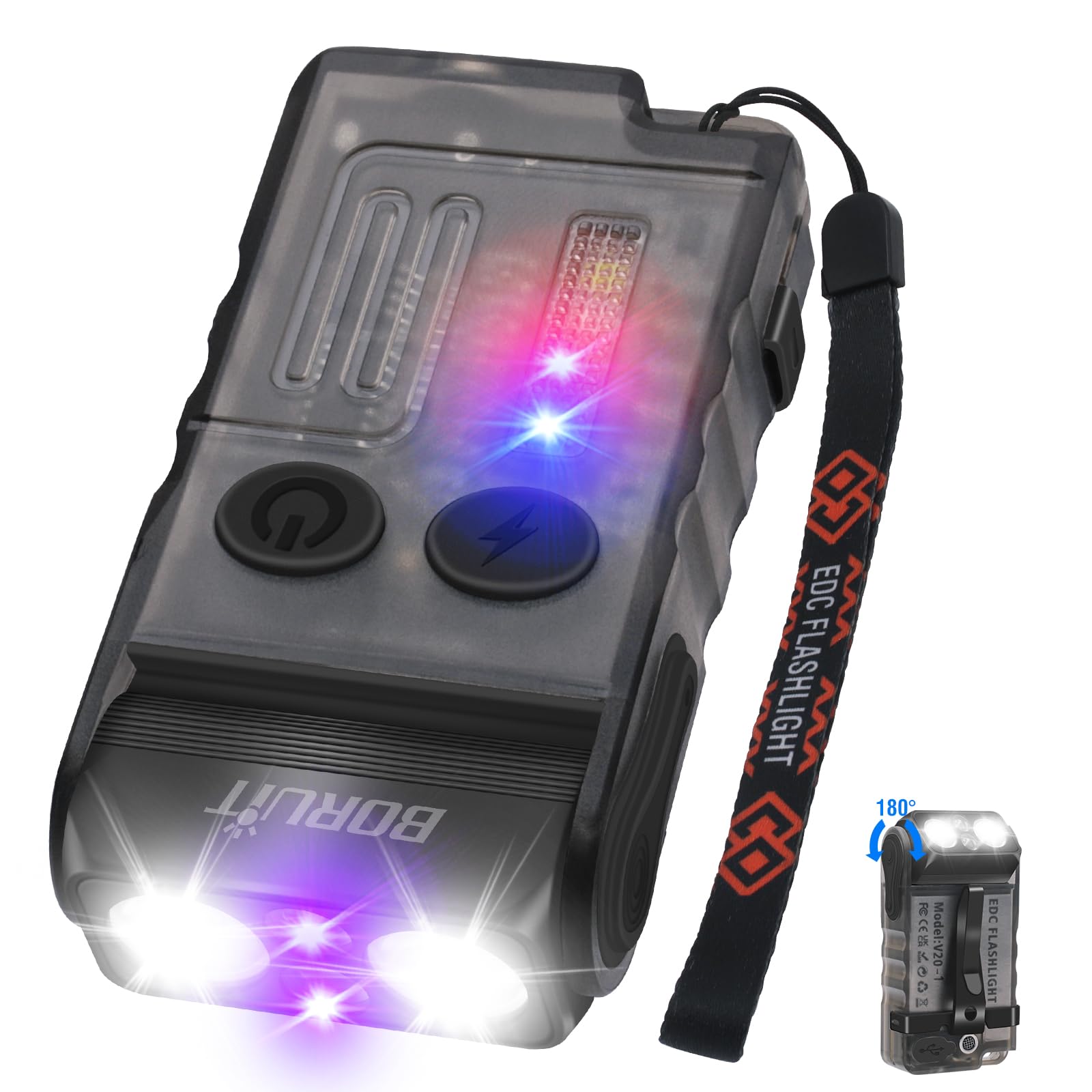BORUiT V20 EDC Flashlight, 1000 LM, USB C Rechargeable, 365nm UV Light, Swiveling Head, IP67, Black, Mini Keychain