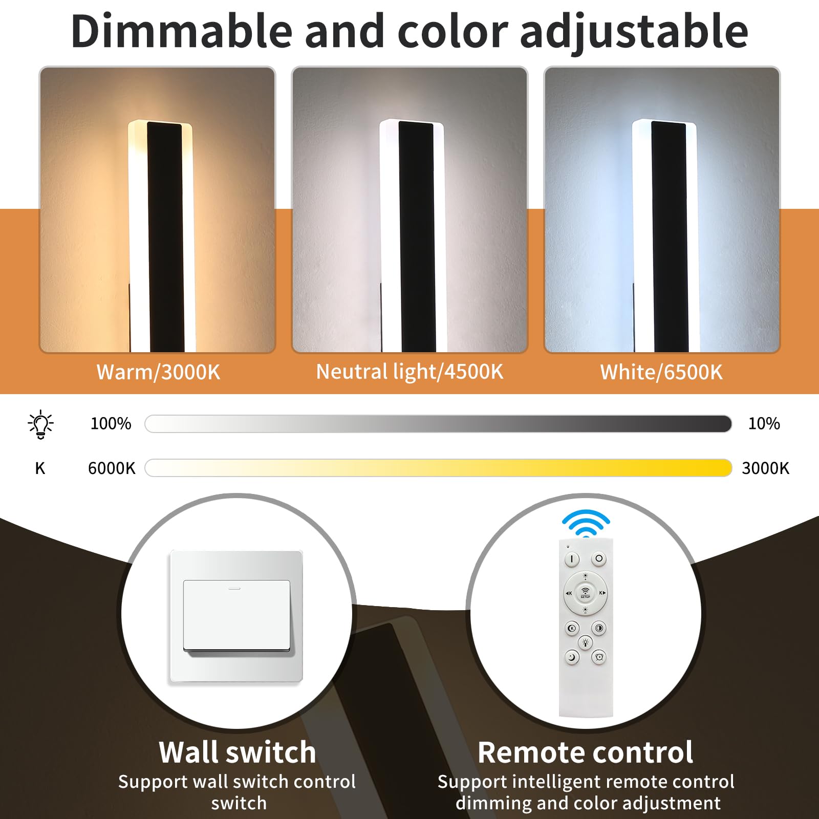 Daoseolo 23.6inch Outdoor Wall Sconce, Dimmable LED Light, IP65 Waterproof, Remote Control, Model TC-FTBD-1112