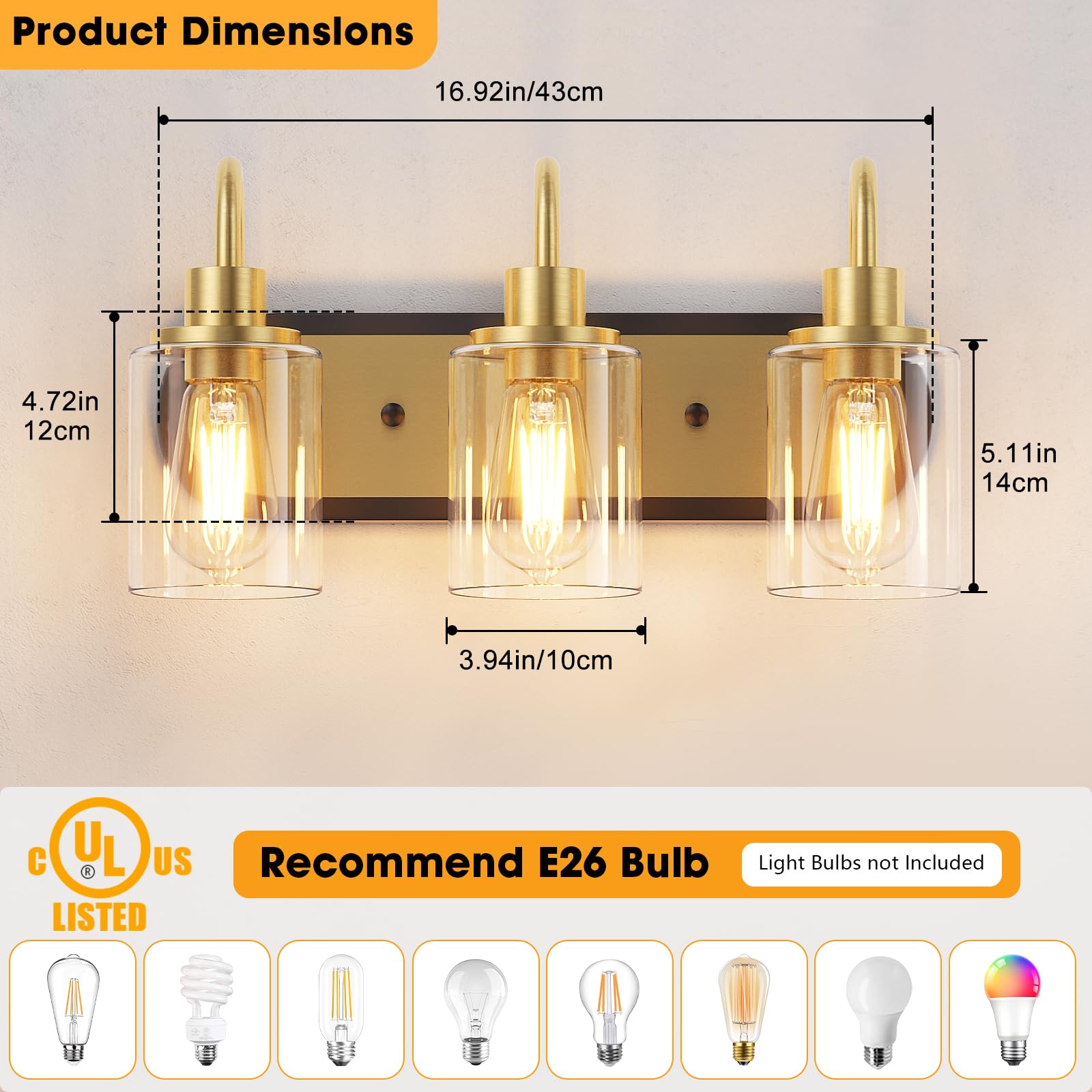 Baocuz 3-Light Black And Gold Vanity Light, Mid Century Brushed Gold Bathroom Light Fixtures Over Mirror With Clear Glass Shade