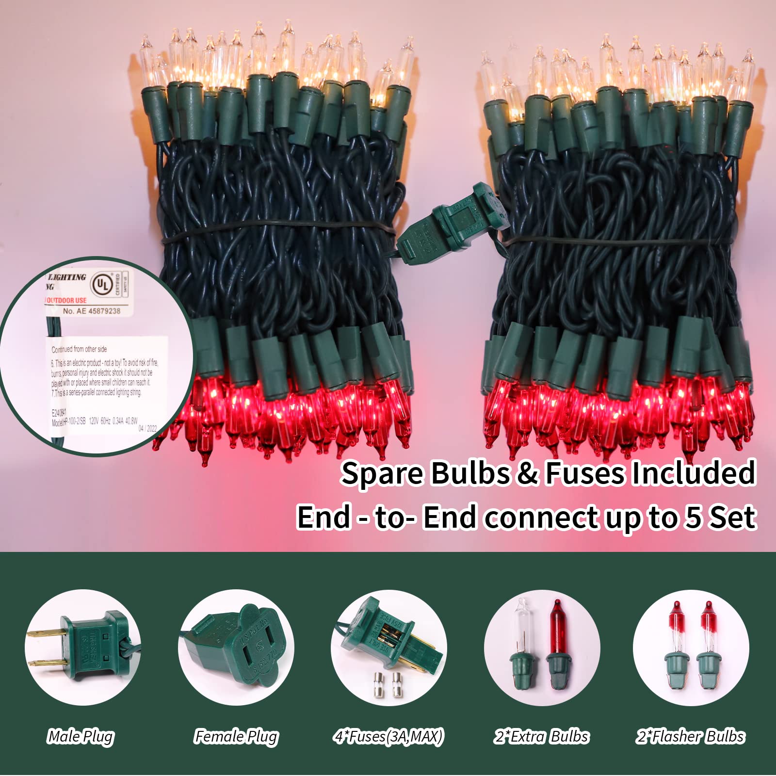 Lamphome Super-Bright Extendable Red Christmas Lights Decoration 100Lights 19.6Ft Ul Certified Mini Bulb String Lights For Outdoor Christmas Tree Garden Party Patio Wedding Garland Decor(Red+Clear)