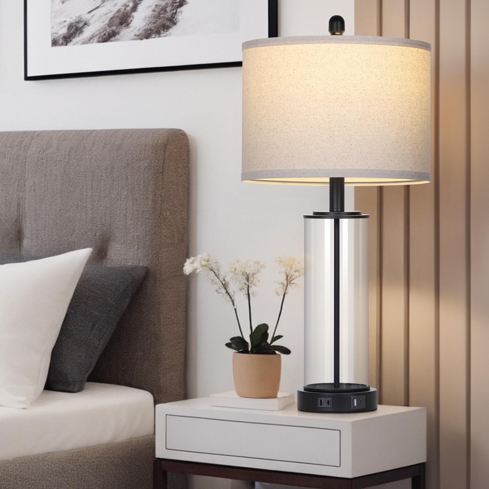 26'' Black Glass Table Lamps Set Of 2, 3-Way Dimmable Touch Control Living Room Lamp With Usb C+A Ports & Ac Outlet, Modern Beds