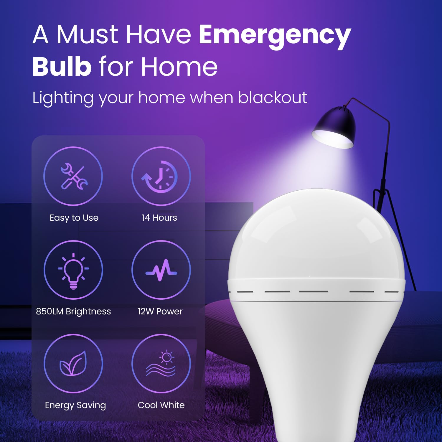 Lhzheng Emergency Rechargeable Led Light Bulb, 12W, 4 Pack, Ideal For Home & Camping