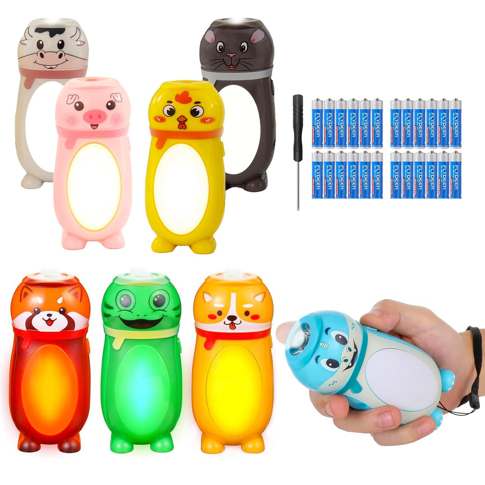 Hilngav 8 Pack Small Mini LED Flashlights - Cute Animal AAA Flashlight Bulk- 2 in 1 Lantern Flashlight - Christmas Gifts Stockin