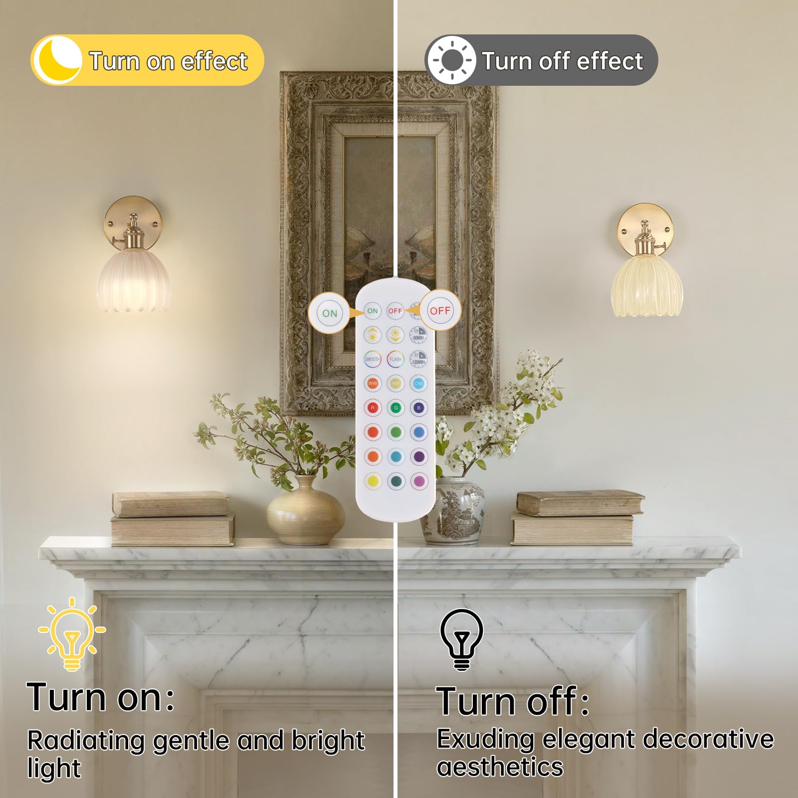 Shenmoyl Vintage Wall Sconce Set of 2 - 5000mAh Battery Operated Light with Cream Glass Lampshade and Remote Control