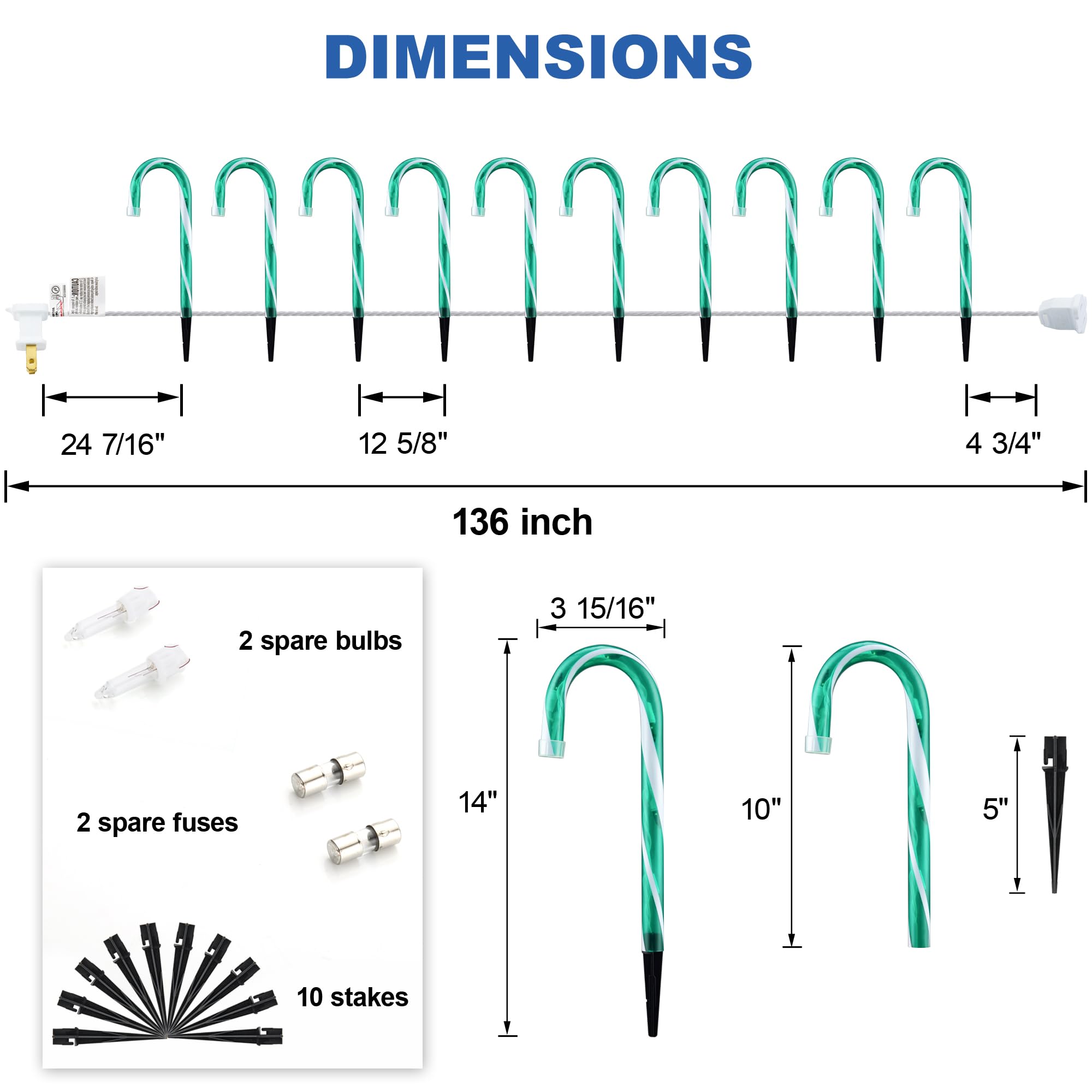 PerPaiMe Christmas Candy Cane Lights - Set of 10 Pathway Markers, 10 inch Green Plastic Yard Decorations, Model HCH-50/1FD39