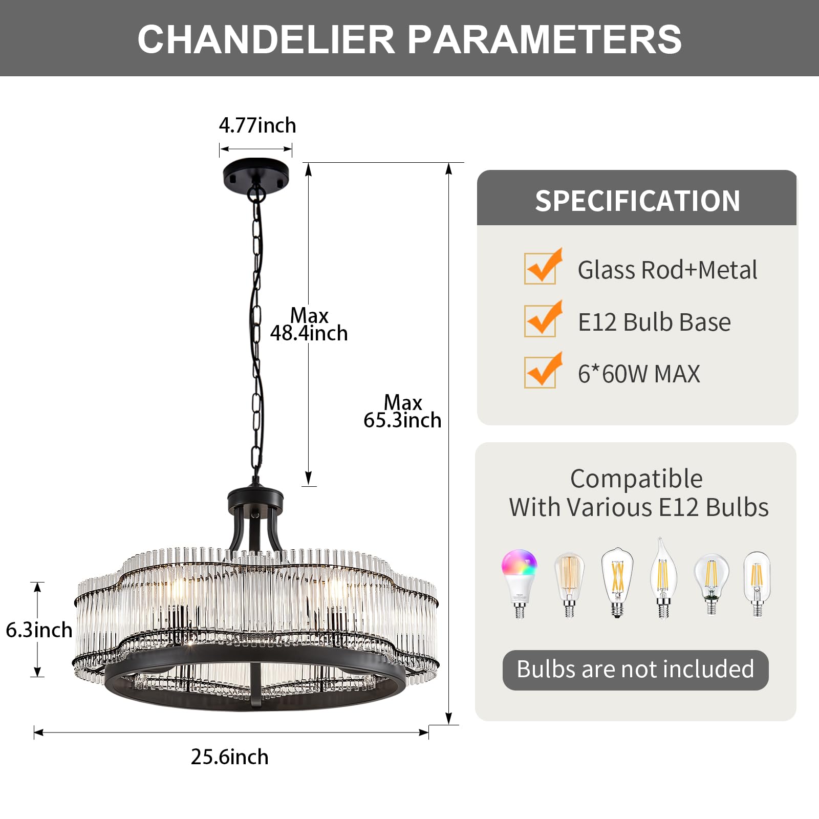 Hccz 6 Light Modern Crystal Chandelier Dining Room Light Fixture Black Round With Crystal Rods Pendant Lighting Adjustable Farmh