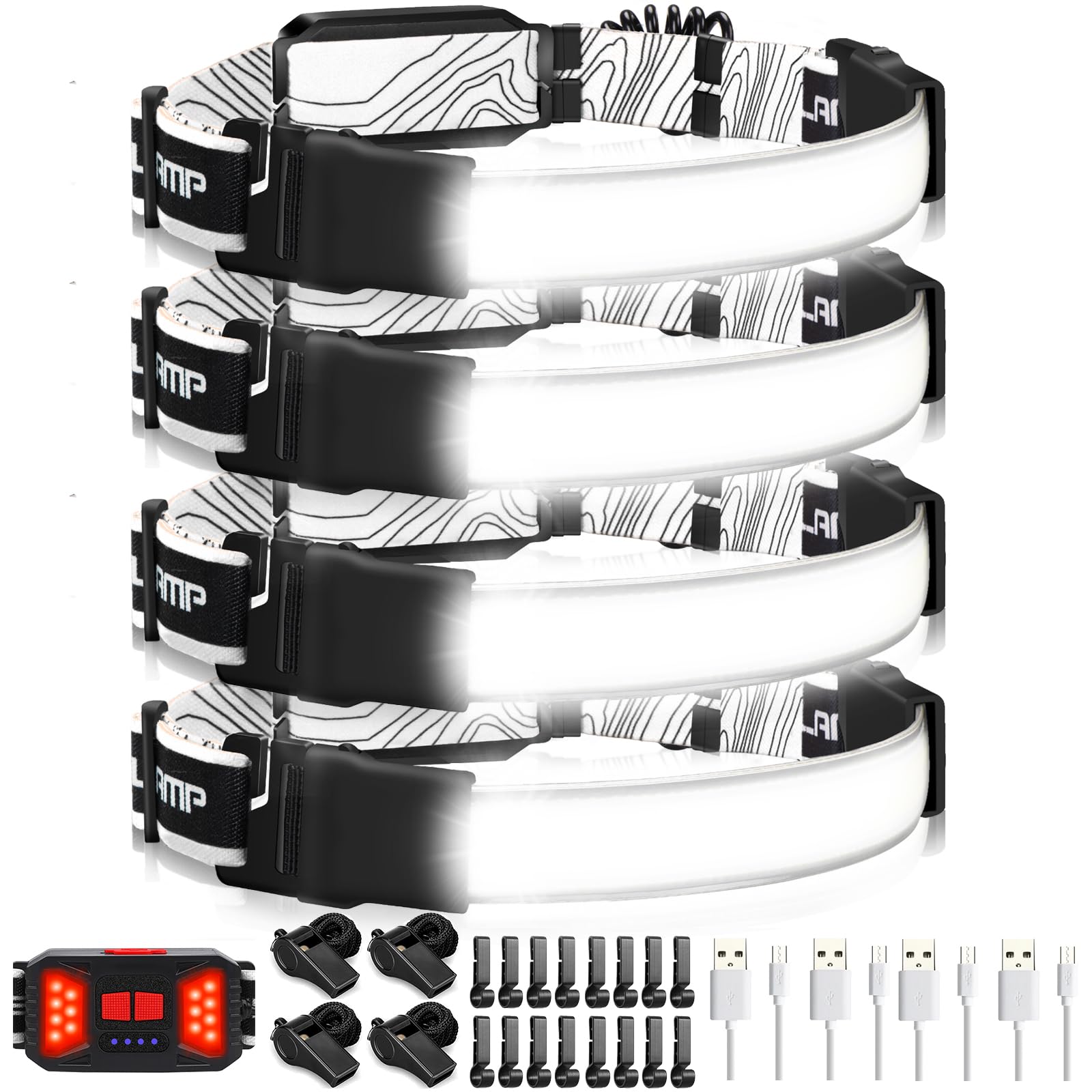Adelante Led Headlamp Flashlight, 4Pack 1000Lm 230Wide-Beam Rechargeable Head Lamp For Adults, Red Taillight & 16 Clips Waterpro