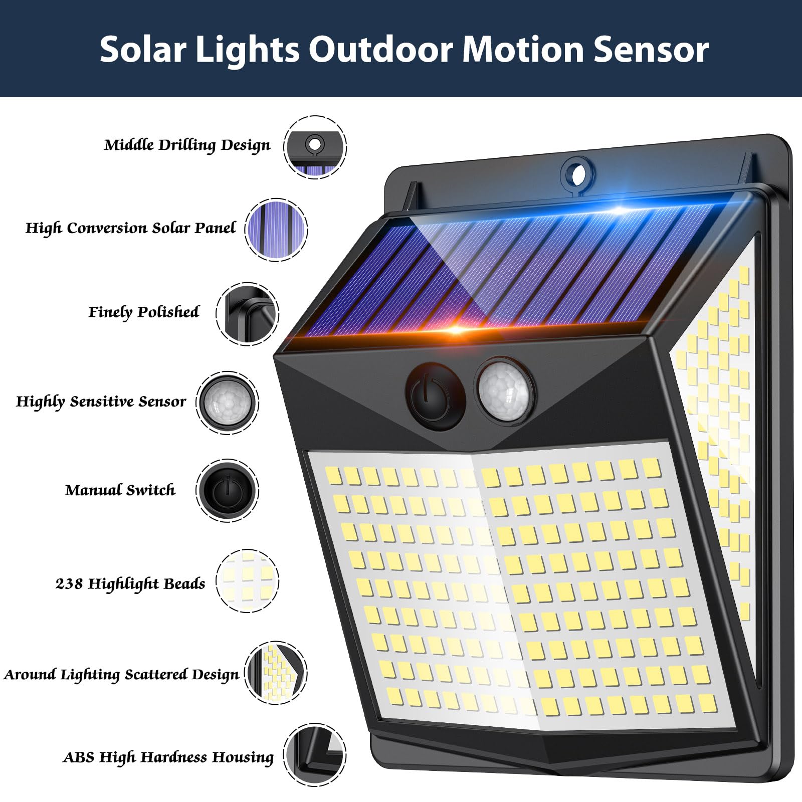 Solar Lights Outdoor Motion Sensor - Solar Motion Detector Lamps For Outside, 238 Led With 300 Angle Illumination And 3 Lighting