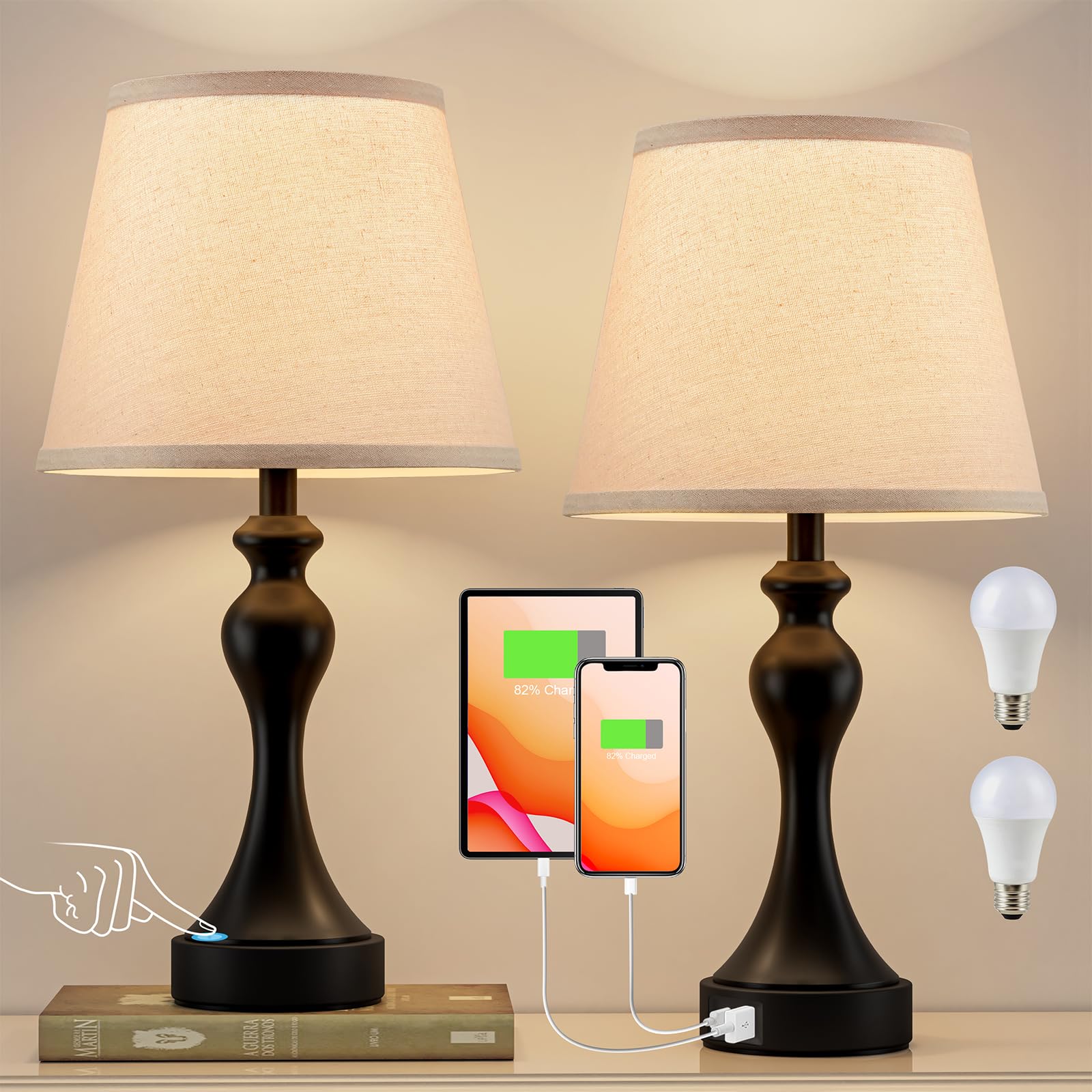 Seealle Touch Lamps for Nightstand - Bedside Lamps Set of 2, 3 Way Dimmable, USB C+A for Bedroom & End Tables (LED Bulbs Include