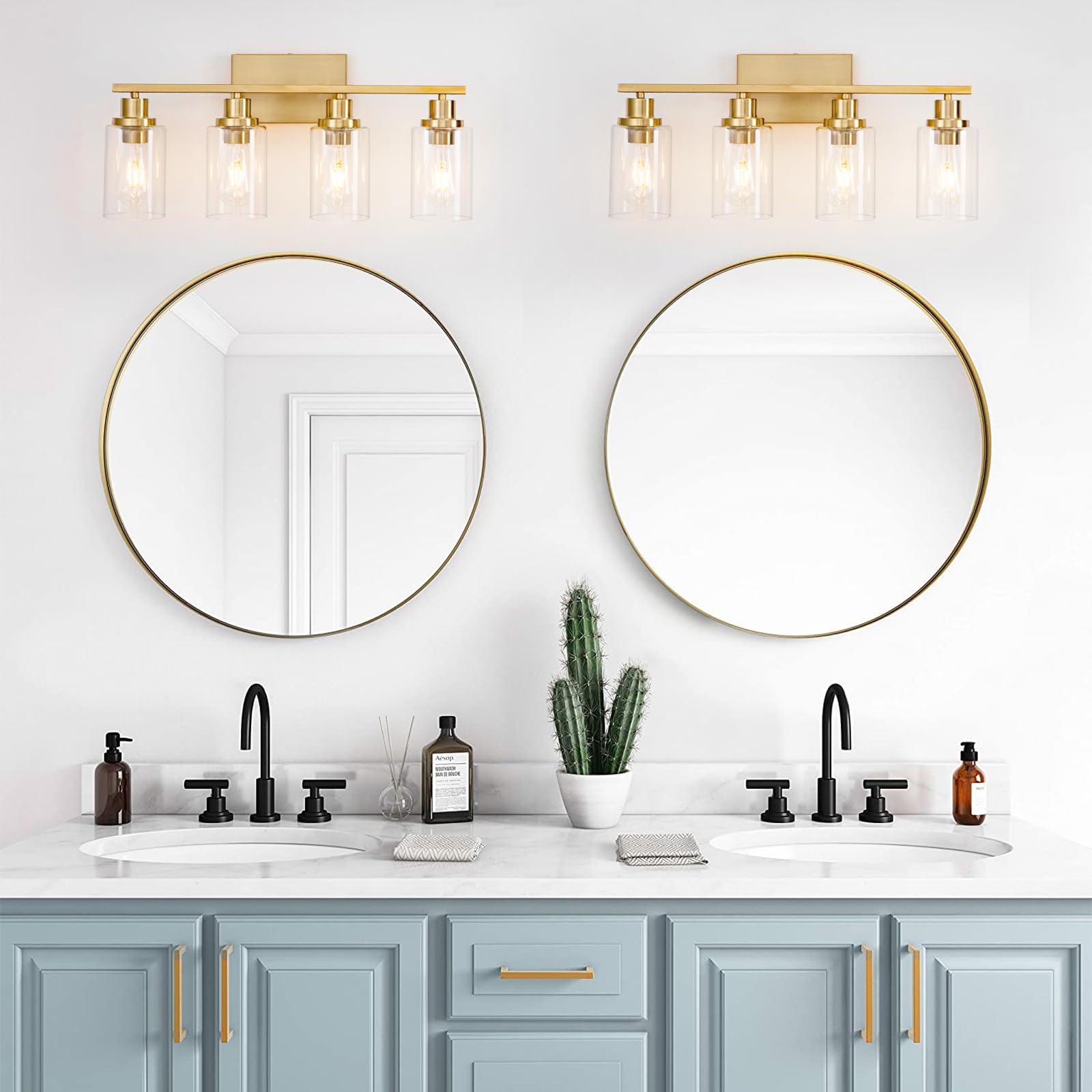 HCCZ 4 Light Bathroom Light Fixtures Brushed Brass Glass Shade Vanity Light Sconces Model 800-100-1081