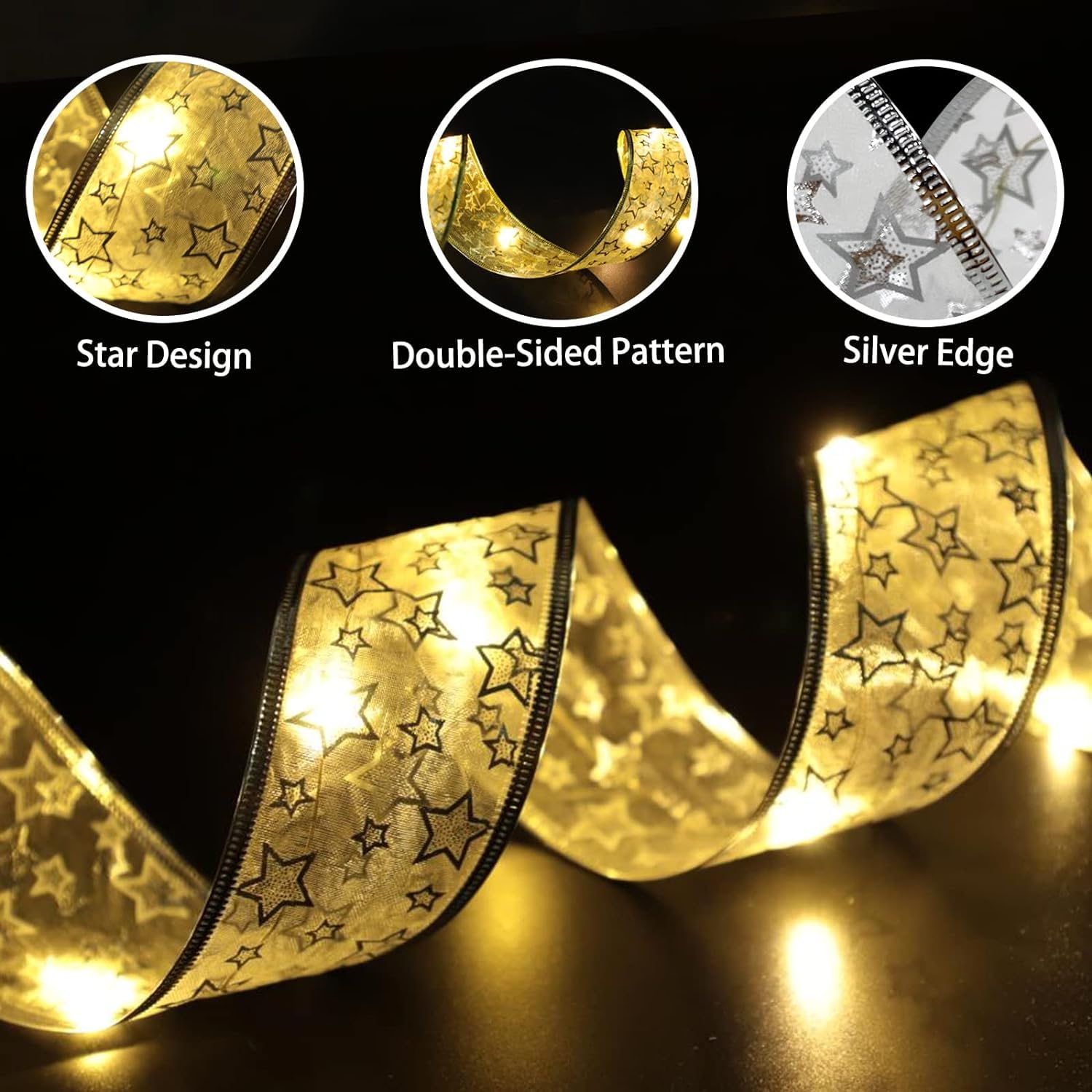 Christmas Tree Decorations Ribbon Lights, 32Ft 100 Led String Lights, Battery-Powered Copper Wire Christmas Tree Ribbon Lights For Holiday Party Weddings Indoor Christmas Tree Decorations (Gold)