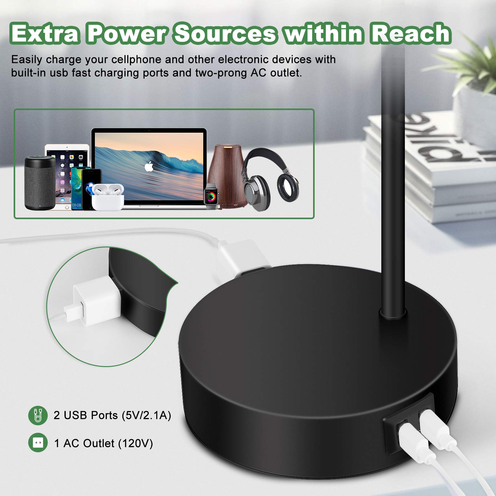 Industrial 3 Way Dimmable Touch Control Desk Lamp with 2 USB Ports & AC Outlet Bedside Nightstand Reading Lamp Flexible Head Far