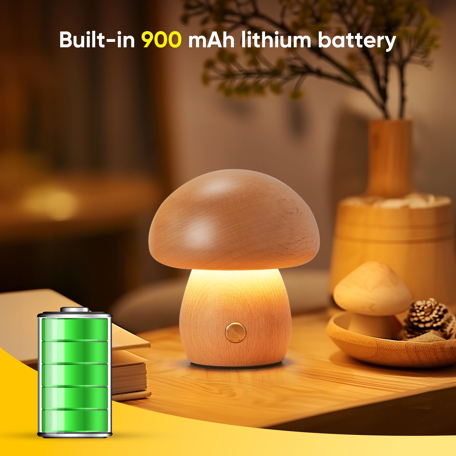 Lonrisway Wooden Mushroom Lamp, Portable Cordless Small Lamp, Rechargeable Battery Operated Lamp,Stepless Dimming, Night Light For Birthday Gifts, Brown