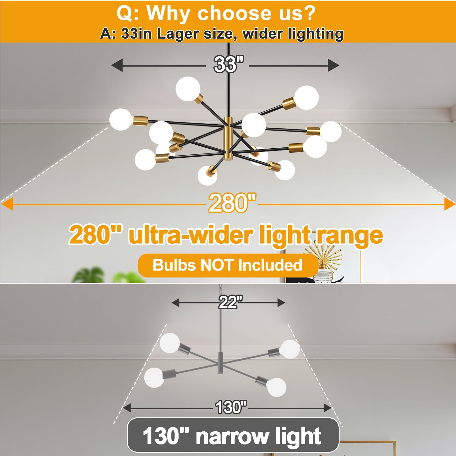 MQMQA 33in Modern Chandelier, 12-Light Sputnik Fixture, Height Adjustable, Black and Gold, Model L240083P12