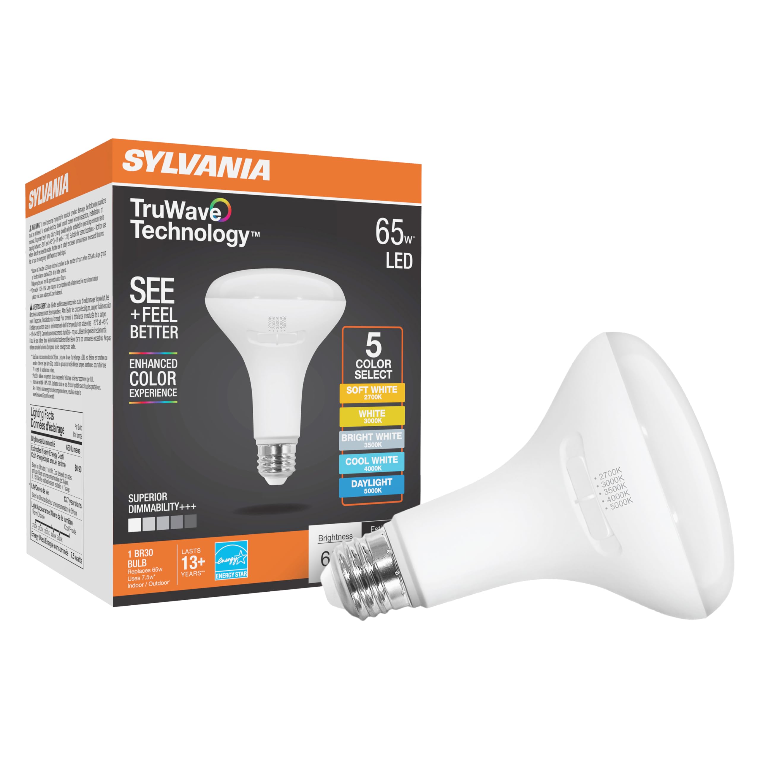 Sylvania Truwave Br30 Led Light Bulb, 7.5W = 65W, 5 Cct Select 2700/3000 / 3500/4000 / 5000K, Dimmable, 650 Lms, Frosted Finish 