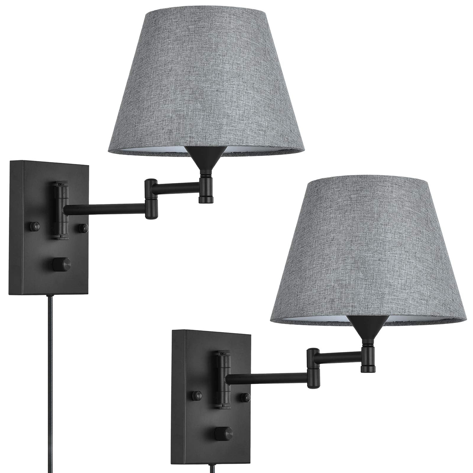 Pauwer Plug In Wall Sconce Set Of 2, Swing Arm Lamp, Gray Fabric Shade, Metal, Ideal For Bedroom, Hallway, Living Room