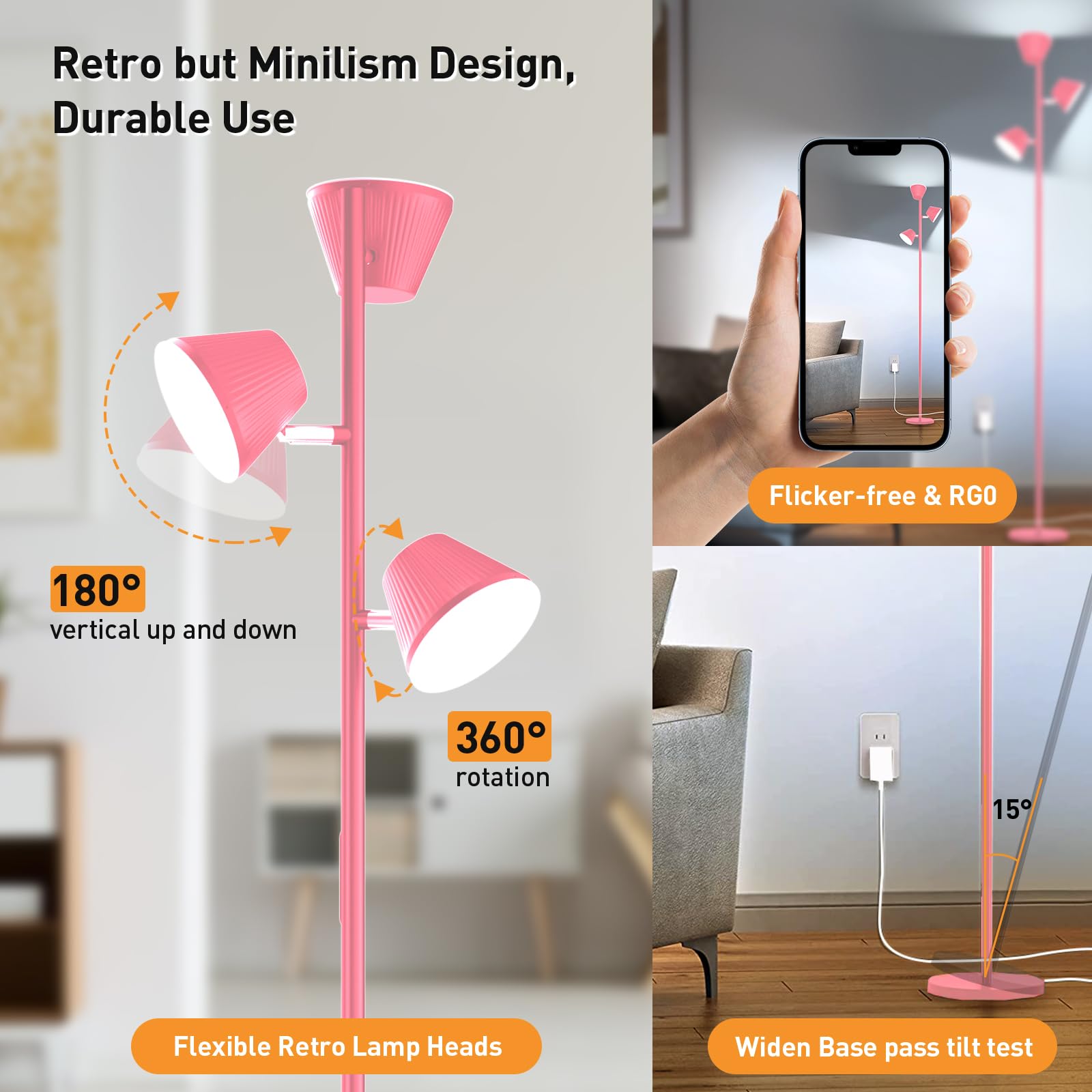 Mixinlei 42W LED Floor Lamp, 68in Modern Dimmable with Remote, 3 Rotatable Lights, 4 Color Temperatures, Pink, Model MXL-Three Light