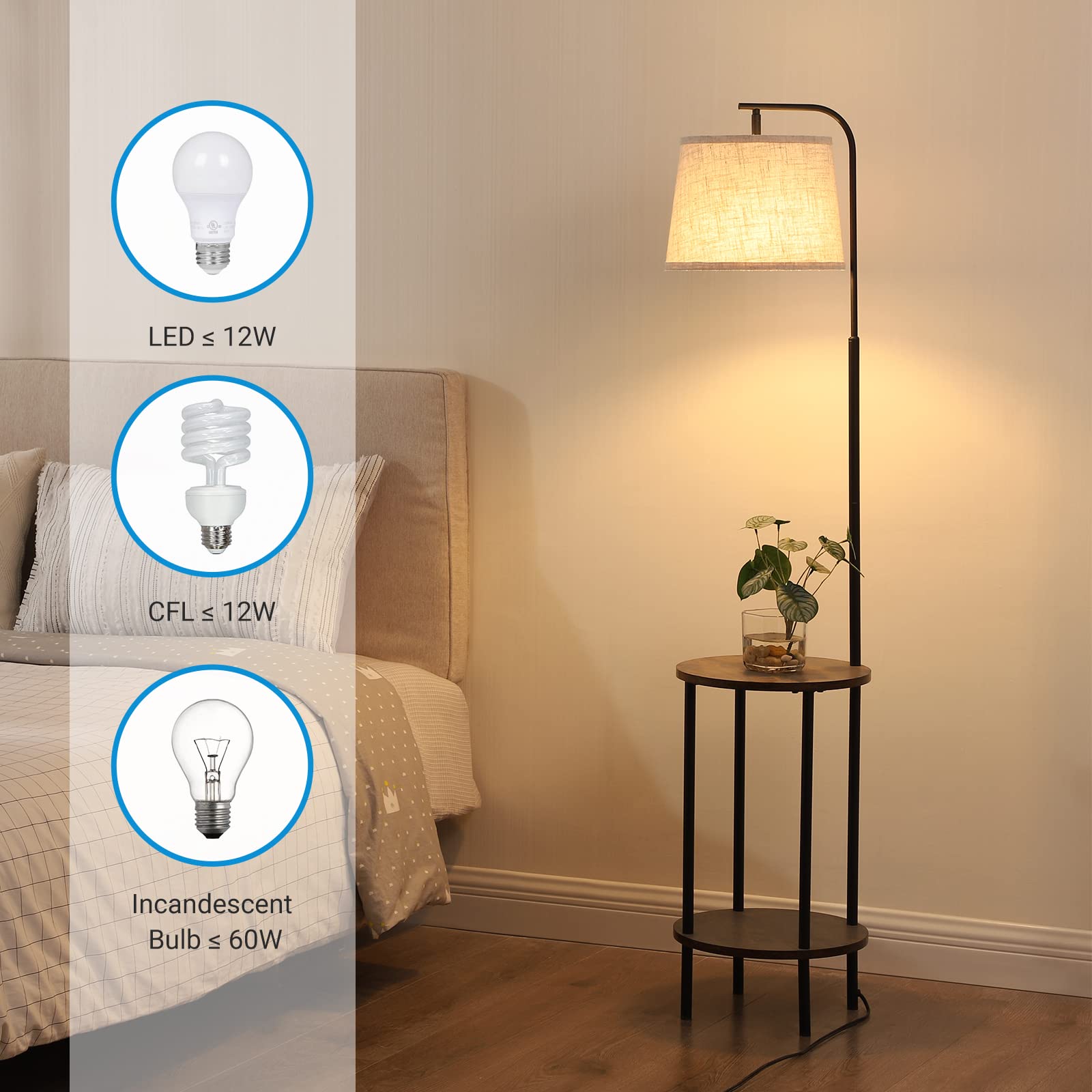 DEWENWILS Floor Lamp with Table, Rustic Brown Wood, Adjustable for Bedroom, Living Room, Model 767637595841