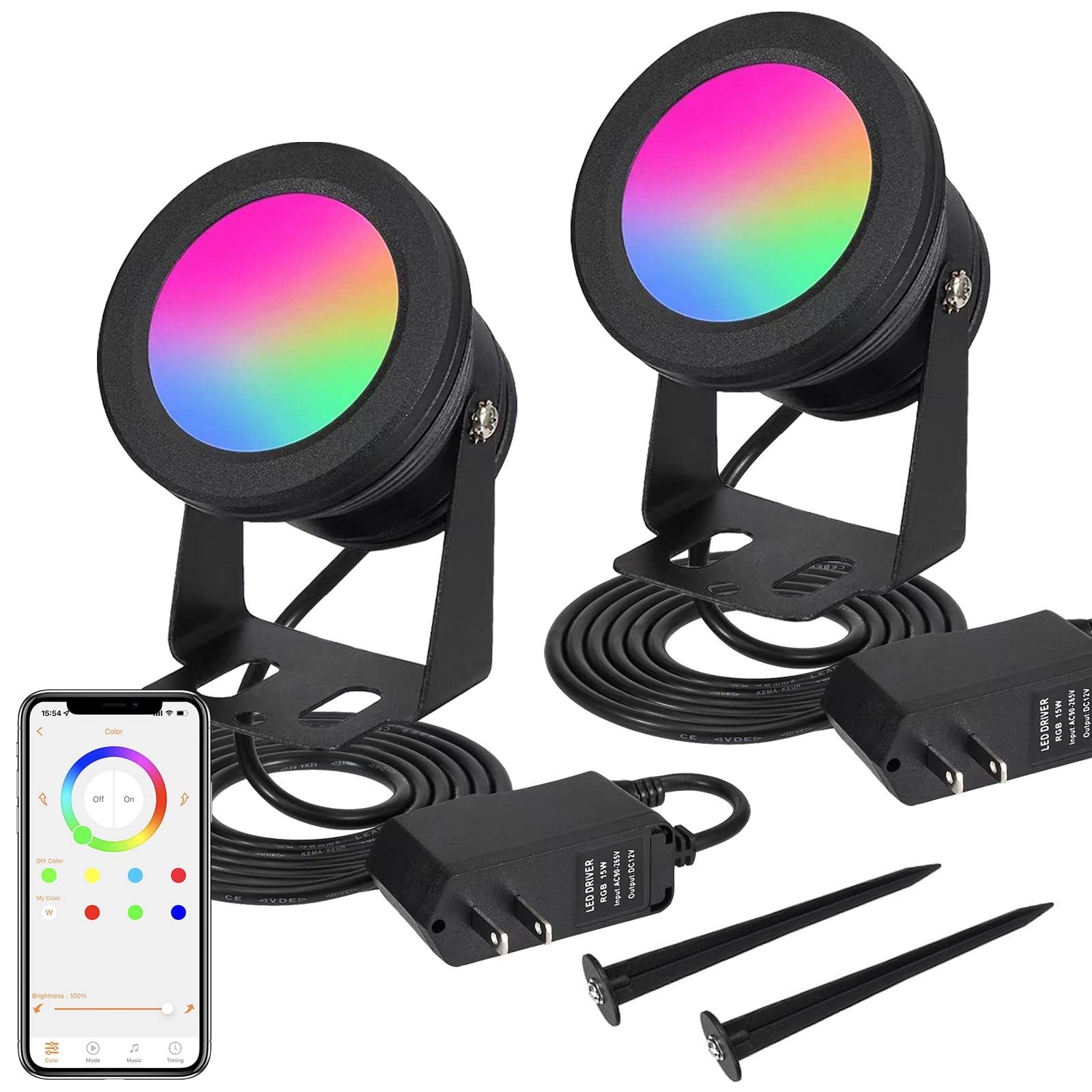 Atractligte 15W Rgb Spotlights, Ip67 Waterproof, Bluetooth Dimmable, 2 Pack For Yard Decoration