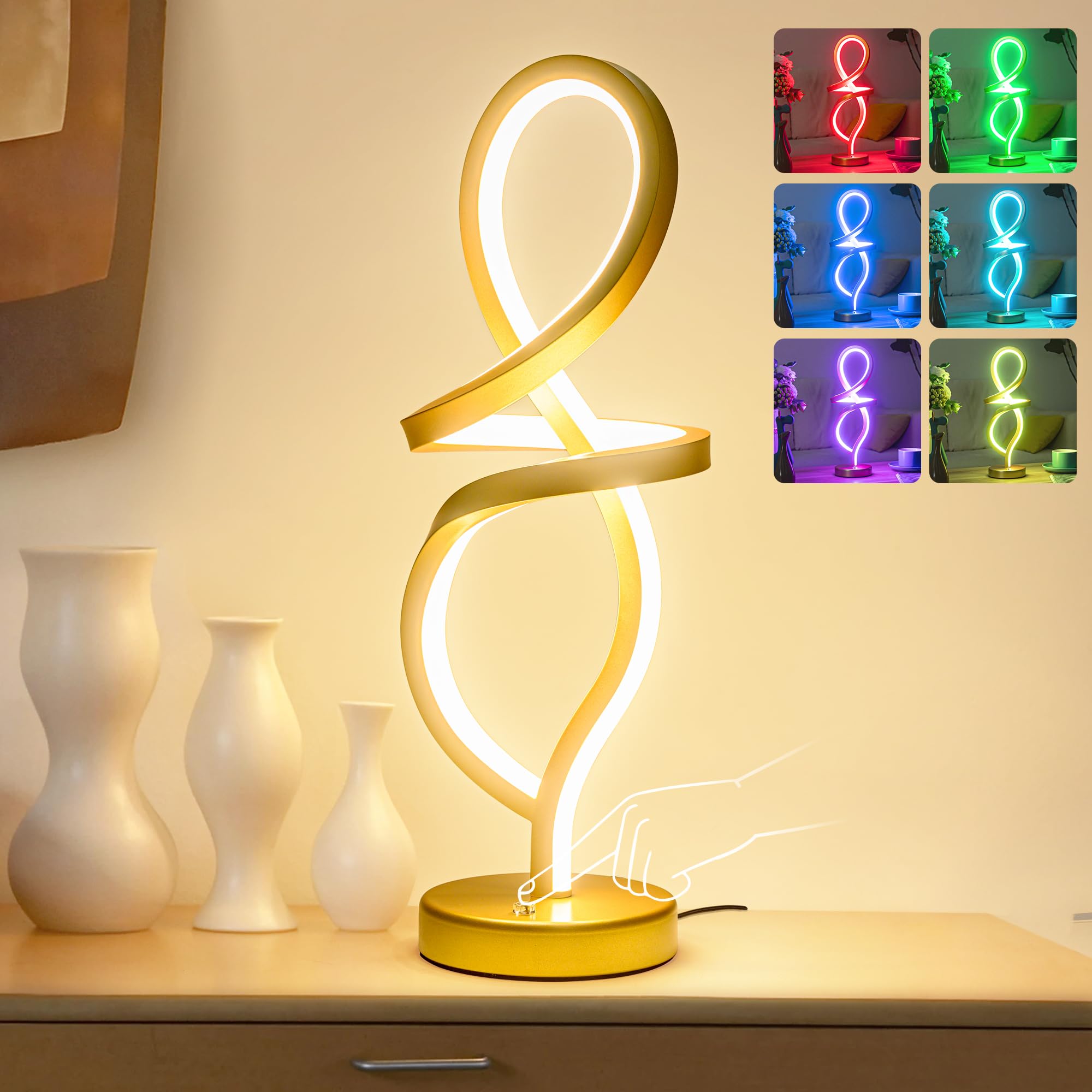 Mayful Modern Table Lamp,RGB Table Lamp,LED Spiral Lamp, Gold Bedside Lamp with 7 Colors 10 Light Modes, Touch Dimmable Nightsta