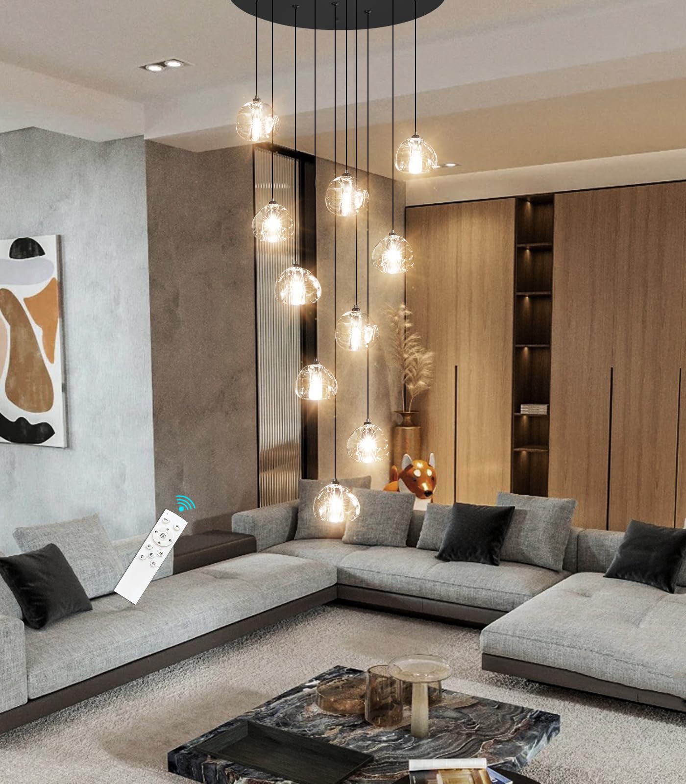 HAIXIANG LED Chandelier for Dining Room, 10 Lights, Dimmable, Black, Model MMQ9025, Adjustable for High Ceilings, Remote Control