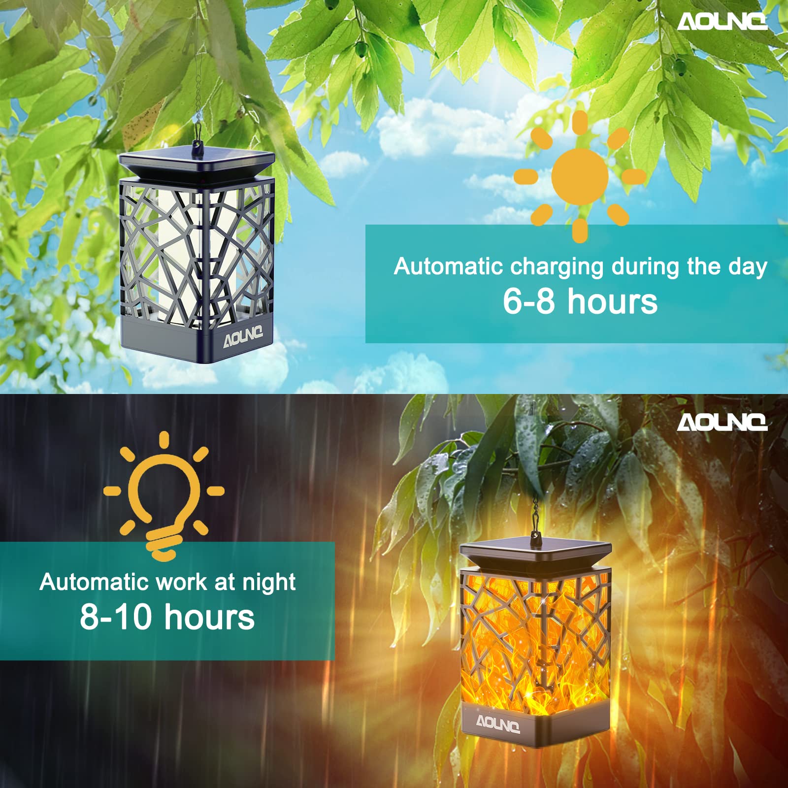 AOUNQ Solar Lanterns Outdoor Waterproof 2 Pack - Upgraded Hanging Solar Lights with 99 LEDs Flickering Flames for Garden Patio Y
