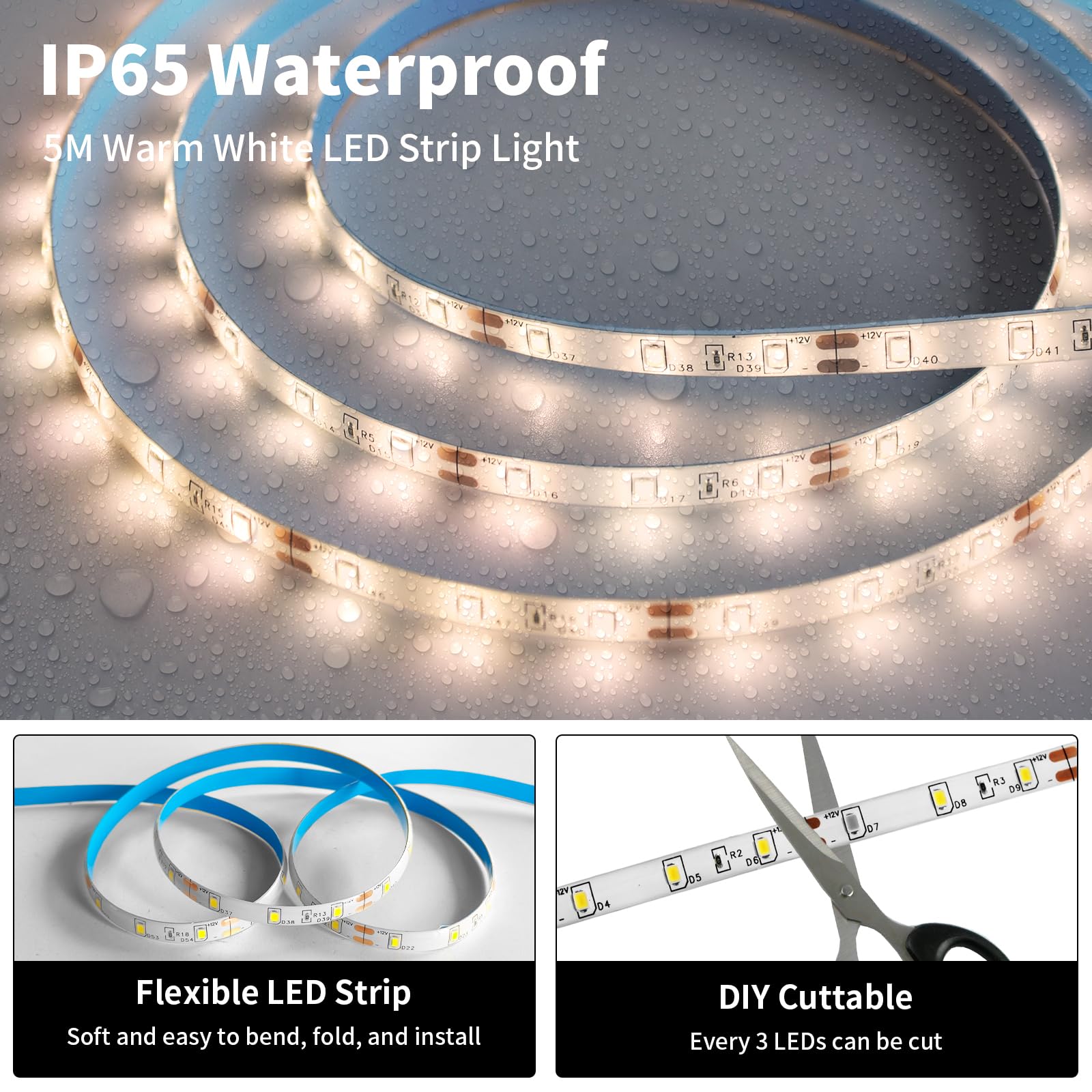 Inextstation 12V Led Light Strip, 16.4Ft Warm White, Ip65 Waterproof, Flexible 300 Smd 2835 For Indoor/Outdoor Decor