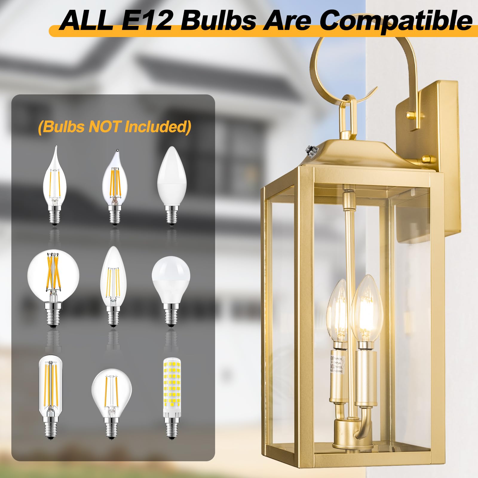 Yolsunes Gold Dusk To Dawn Outdoor Wall Lantern 2-Light, 19'' Large Outside Modern Wall Sconce Light Fixture, Industrial Porch L