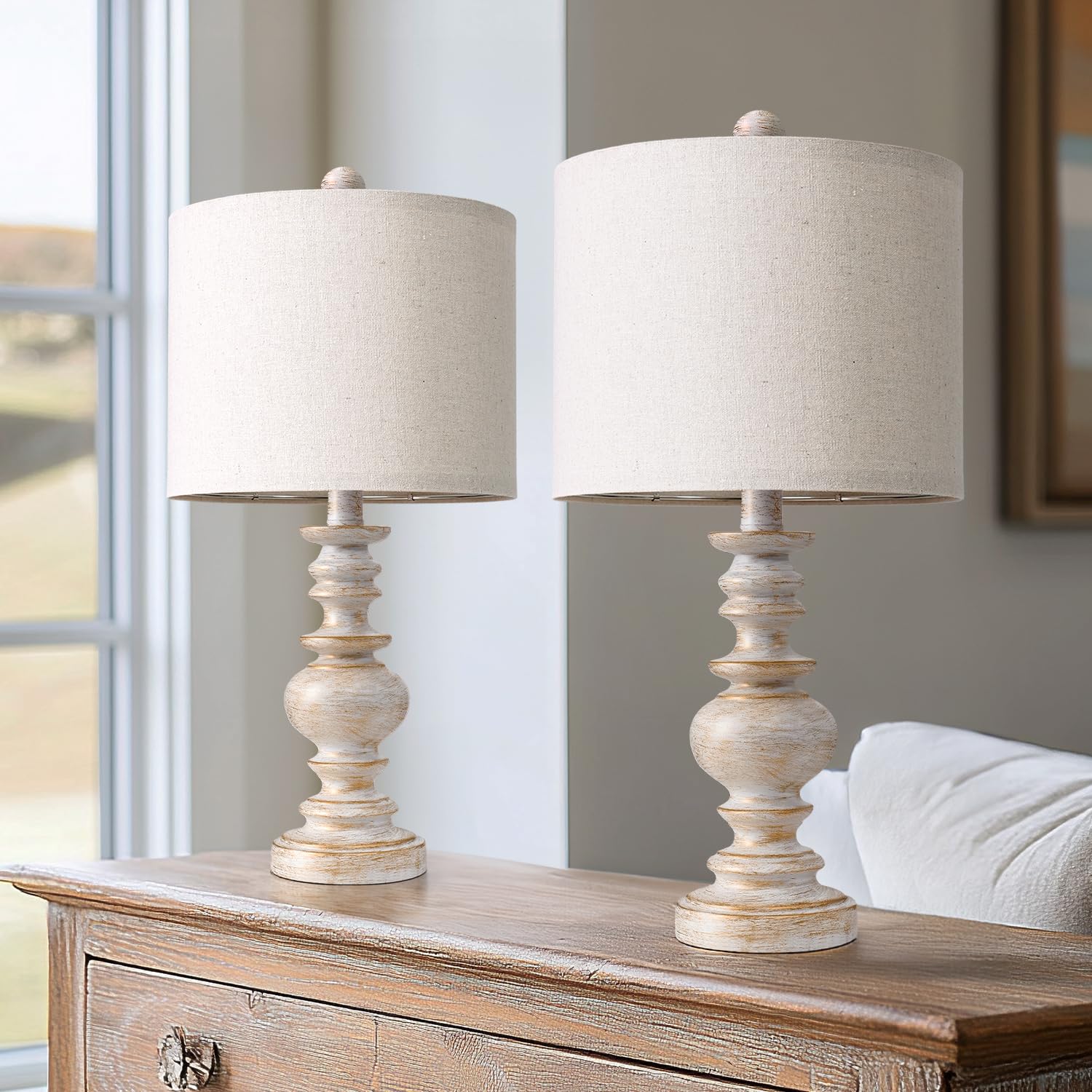BOBOMOMO Retro Table Lamps Set of 2, 20in Small, White & Gold Finish, Linen Shades, Resin, Ideal for Living Room and Compact Spaces