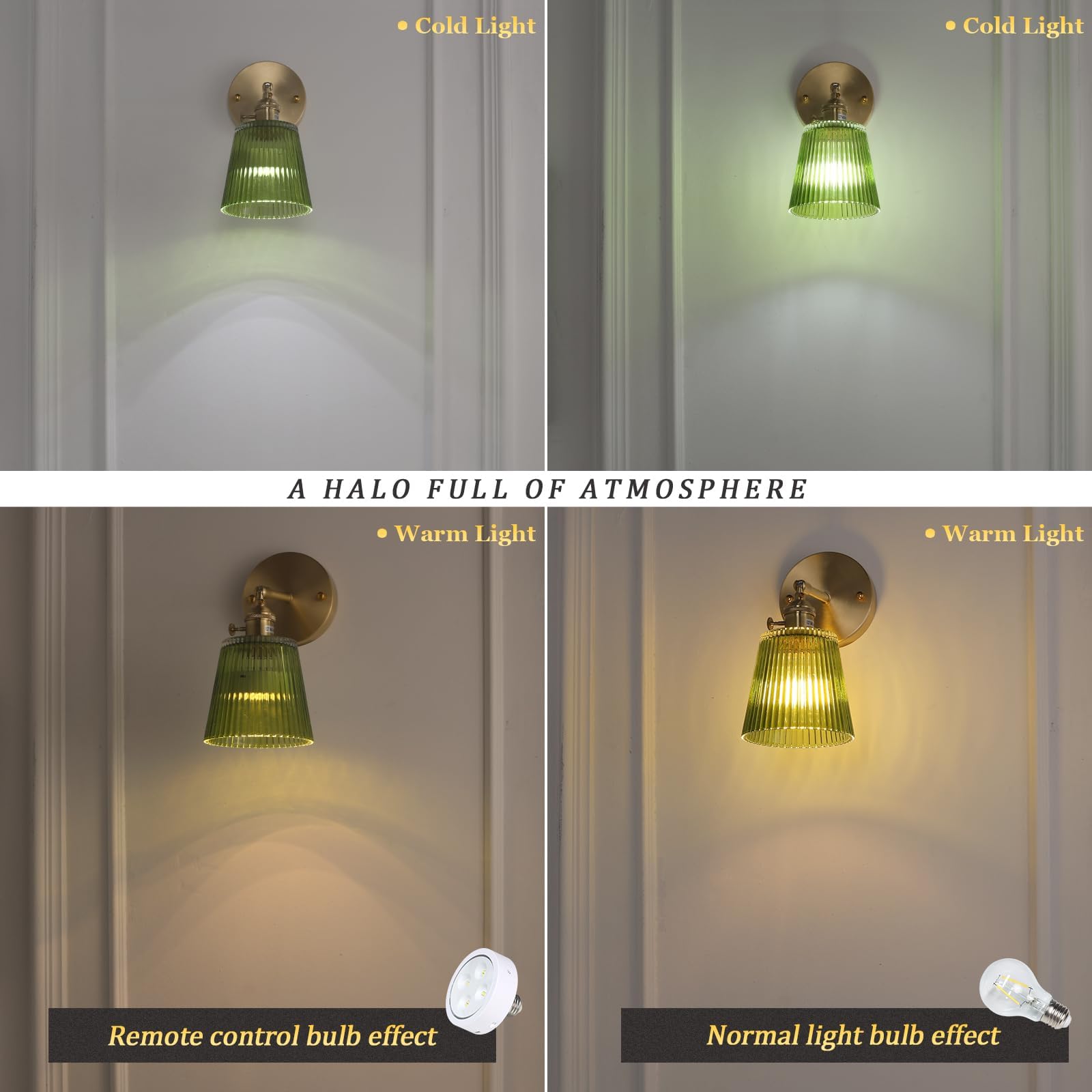 Shenmoyl Vintage Wall Sconces Set of 2, Green Stripe Glass, Hardwired, 180° Adjustable, Brass Lighting Fixture for Bedroom and Doorway