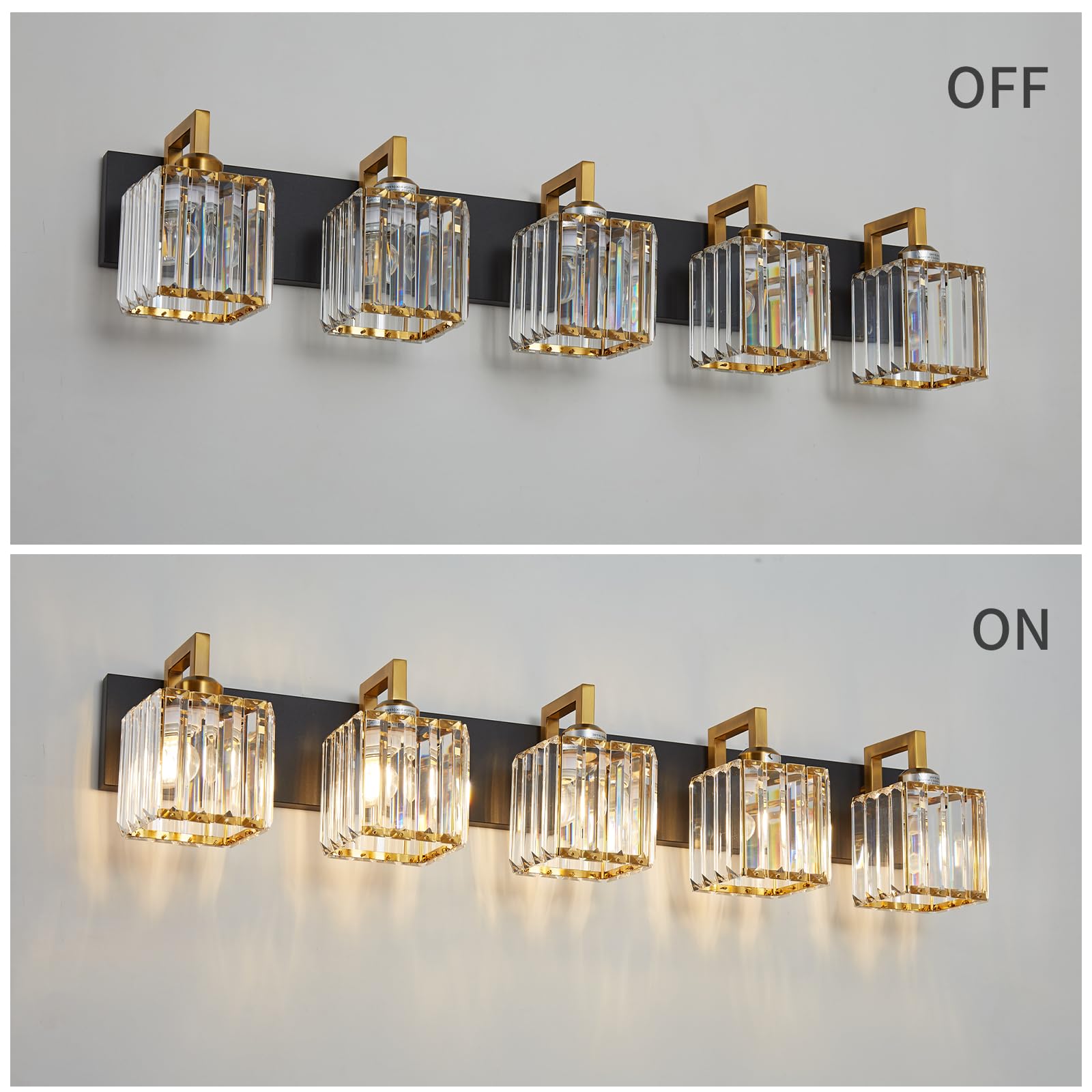 Fdpby Modern Bathroom Vanity Light 5-Lights Black Gold Crystal Wall Lamp Bathroom Modern Crystal Vanity Lighting