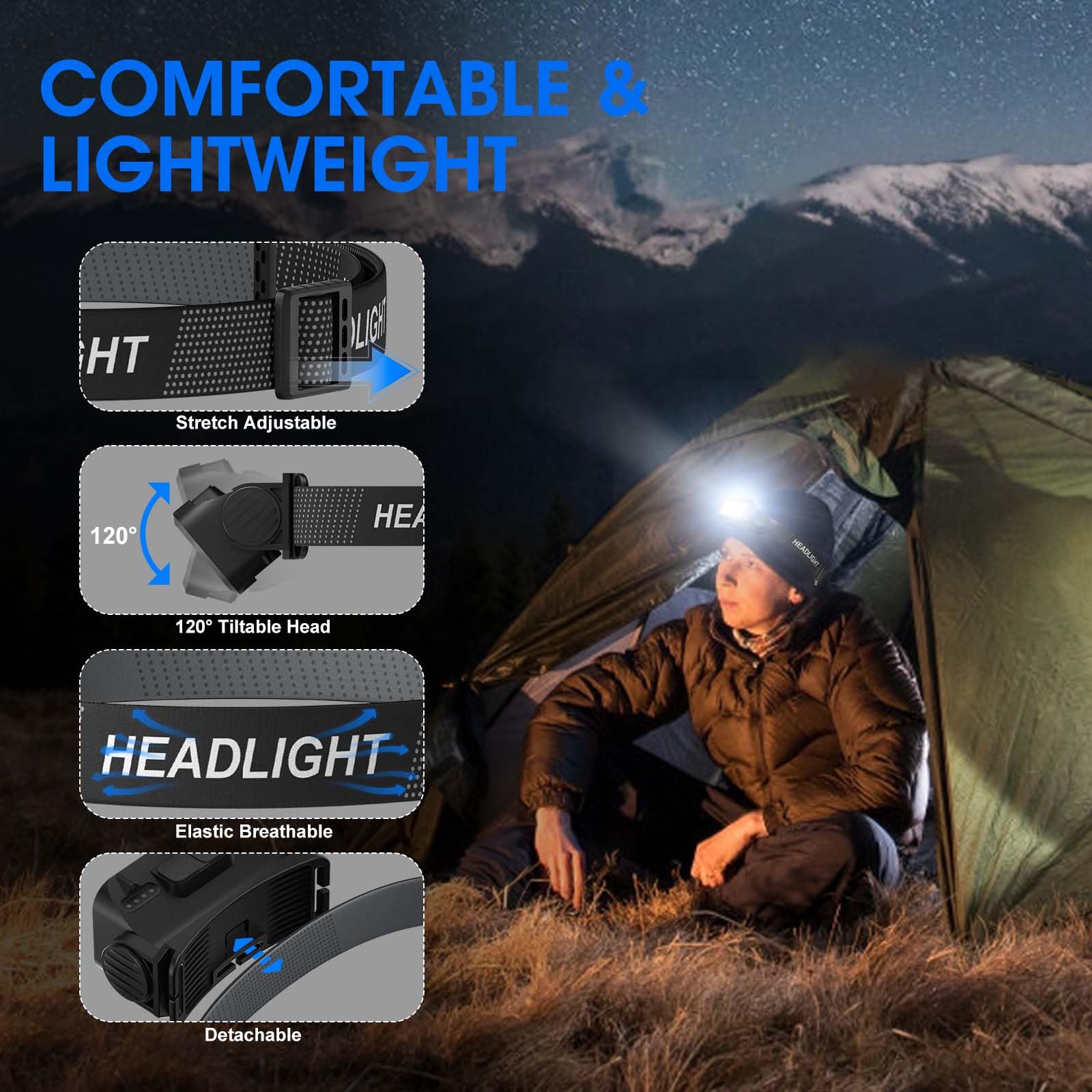 Rechargeable Headlamp Flashlight, 8 Led 2500 Lumen Super Bright Headlight With White Red Light & Motion Sensor, 2-Pack Waterproo