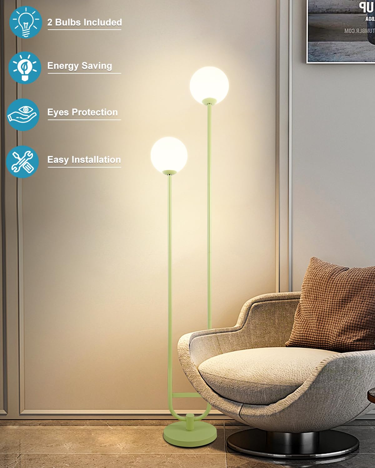 Lightdot 63In Globe Floor Lamp With Green U Pole, Modern Mid Century Standing Lamps With 2 Globe Warm White 3000K Bulbs Included