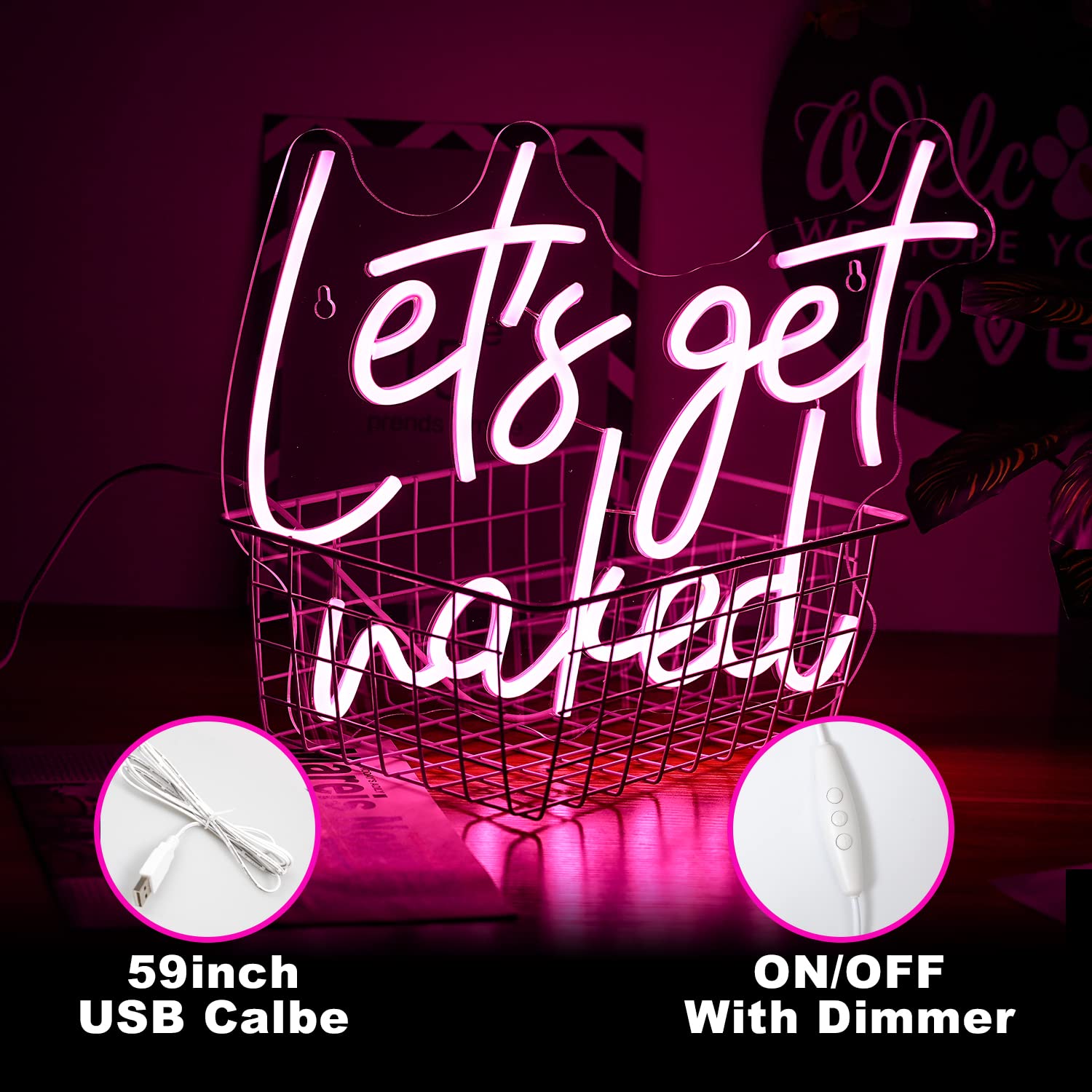 Alkkign Neon Sign Dimmable Pink LED Wall Light for Bedroom Decor, 15.7inx11.8in, Model: LETS GET NSKED