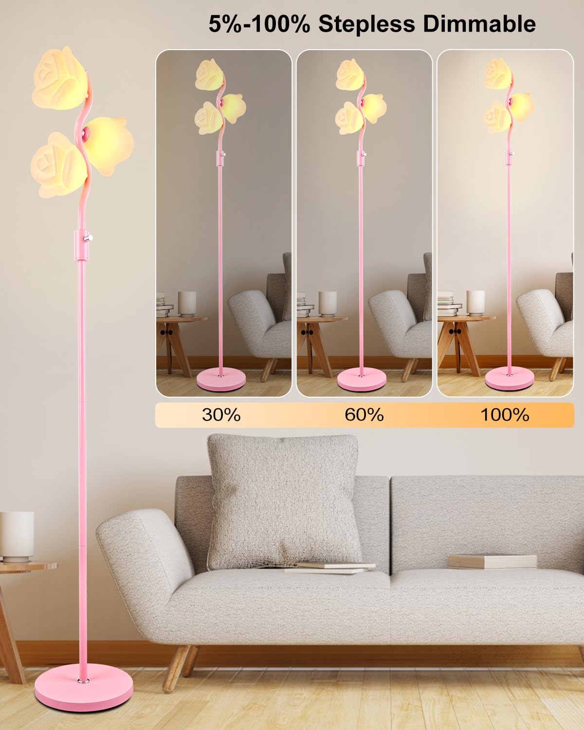 Lightdot Pink Flower Floor Lamp Stepless Dimmable Modern Mid Century Standing Lamp Floral 3-Light Floor Lamps With 3000K G9 Bulb