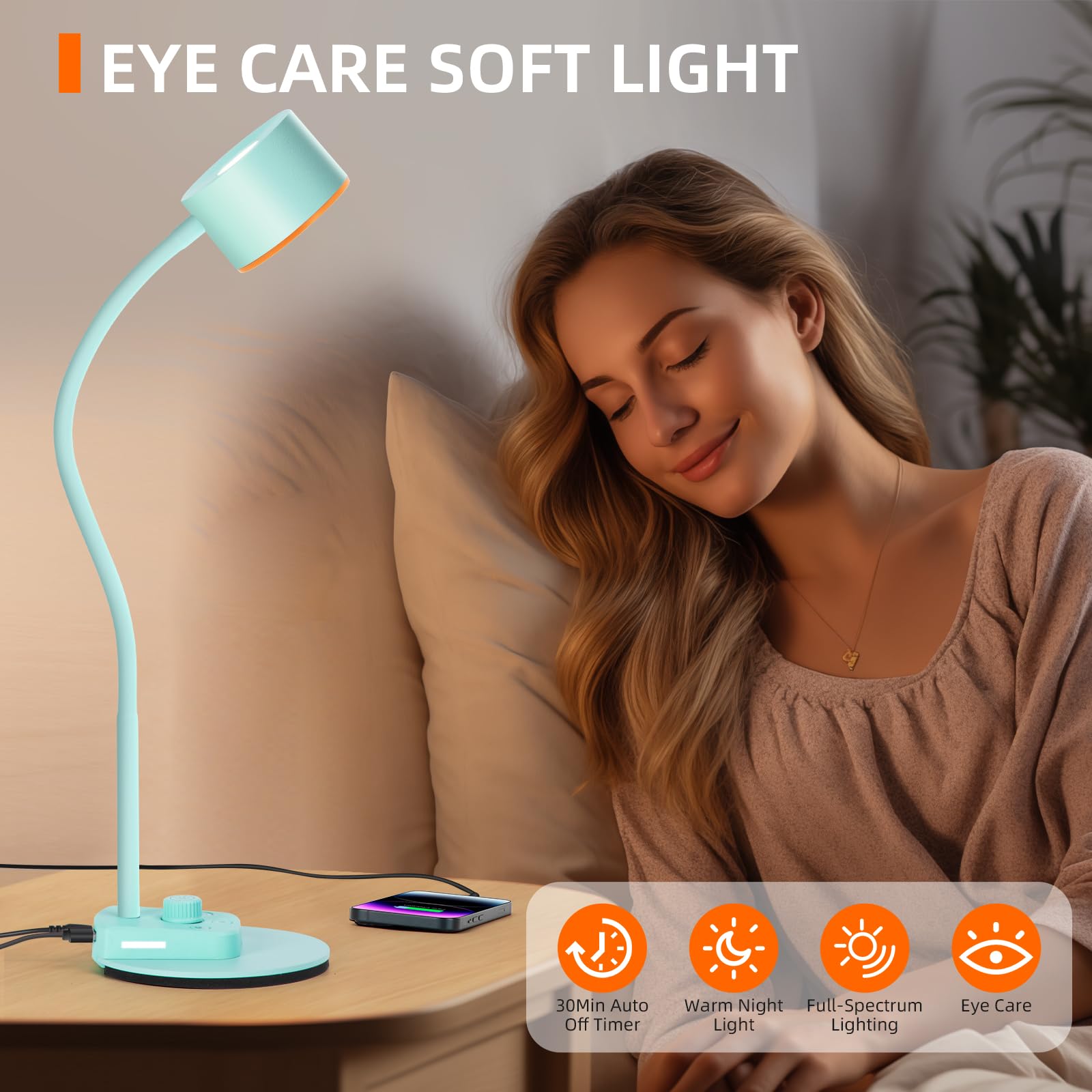 Desk Lamp, Fully Dimmable Bedside Reading Lamp With Usb C + A Charging Ports, 5 Colors, Simple To Operate, Eye Care Metal Table