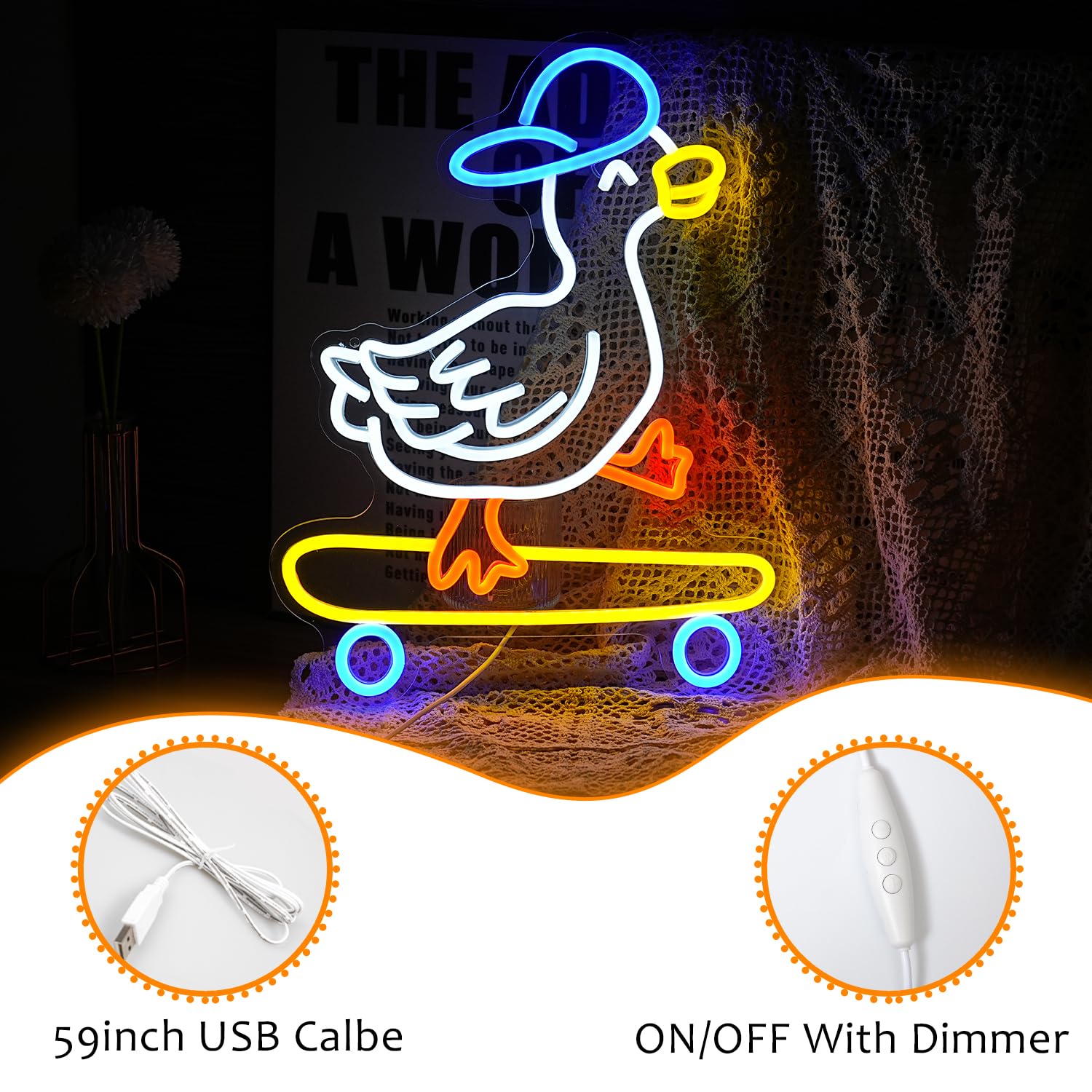 LISIGNVE LED Neon Sign - Skateboard Duck Light, Dimmable, USB Powered, 16.5”x12.6”, Yellow Blue Orange White, Wall Decor for Kids