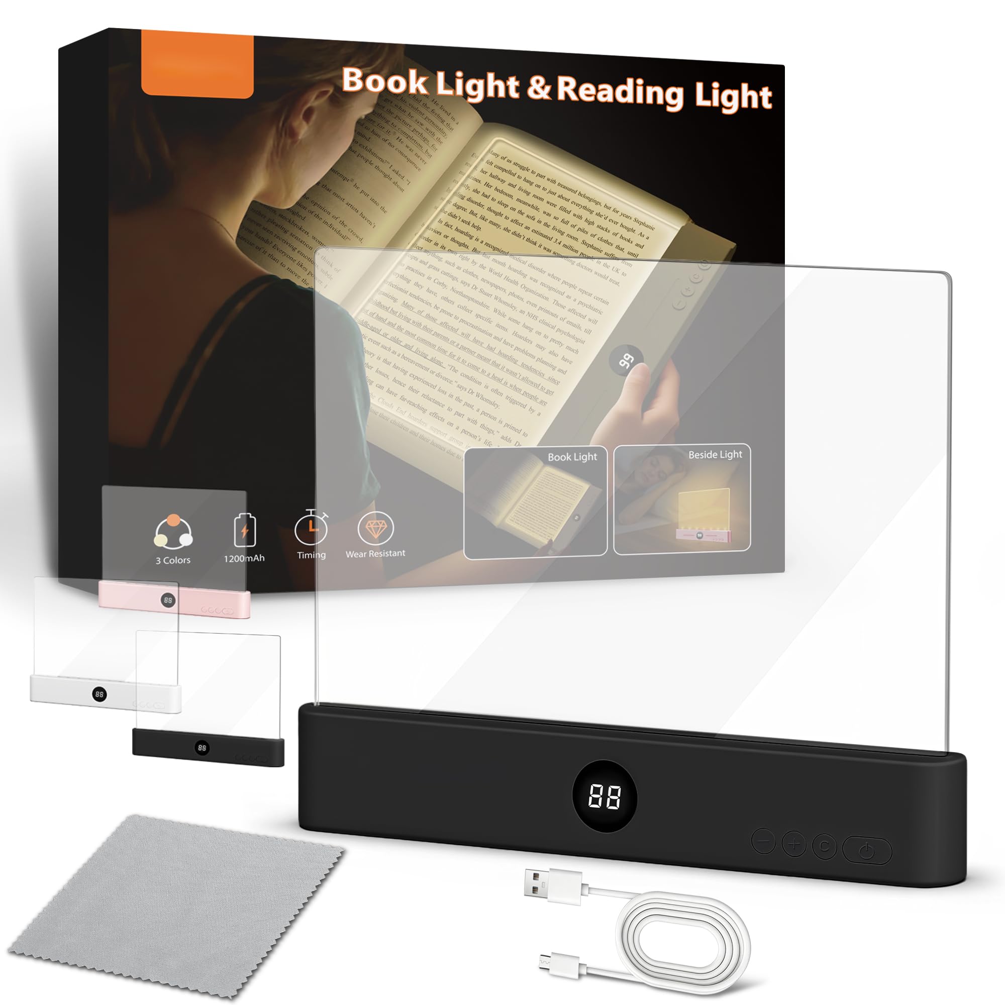AUREN Book Light Page Rechargeable Reading Light, Clear LED Flat Light with 3 Colors & Timer, Dimmable Full Page Panel Lamp for 