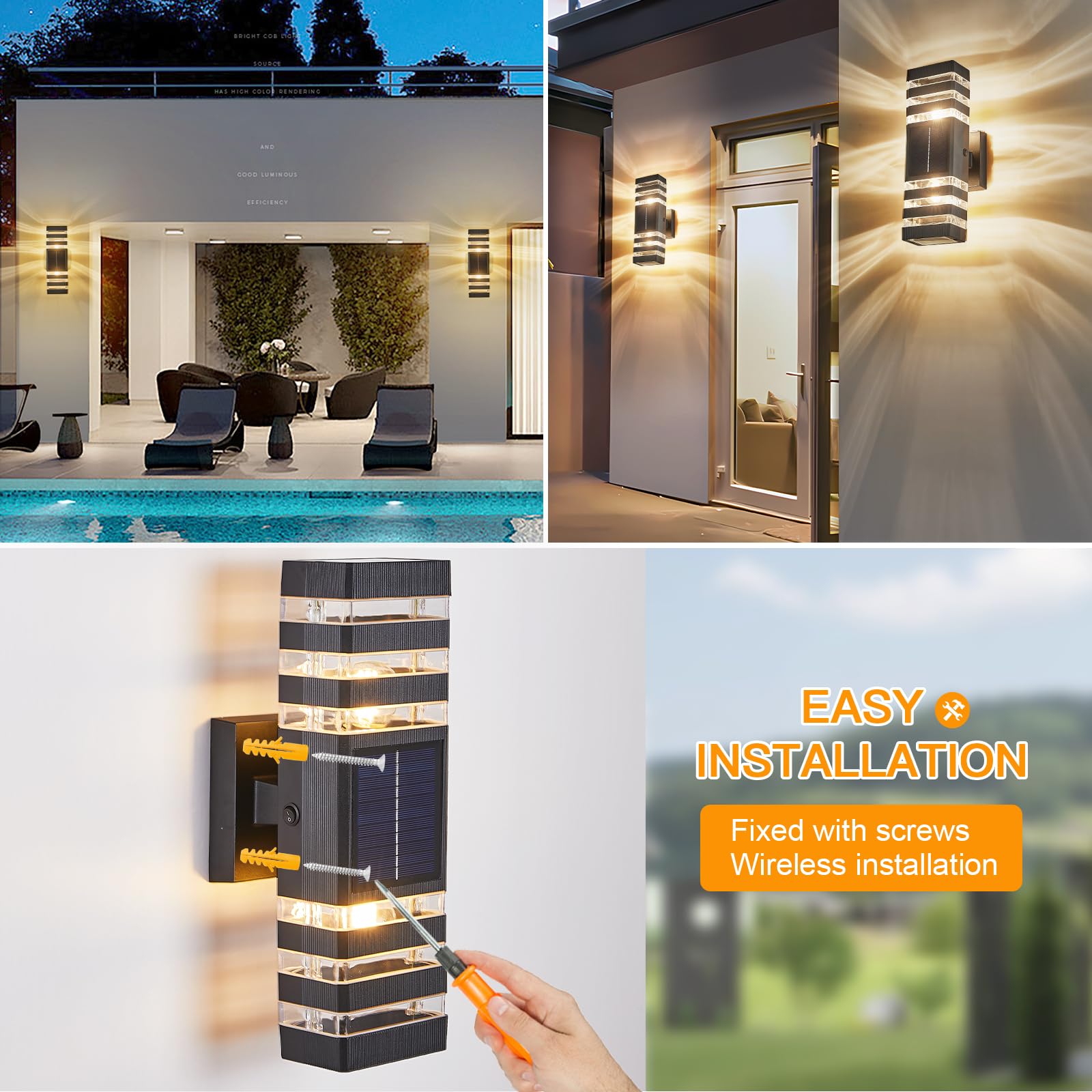 Delicavy 2 Pack Solar Wall Light With 4 Bulbs, Waterproof Modern Sconces For Outdoor Use