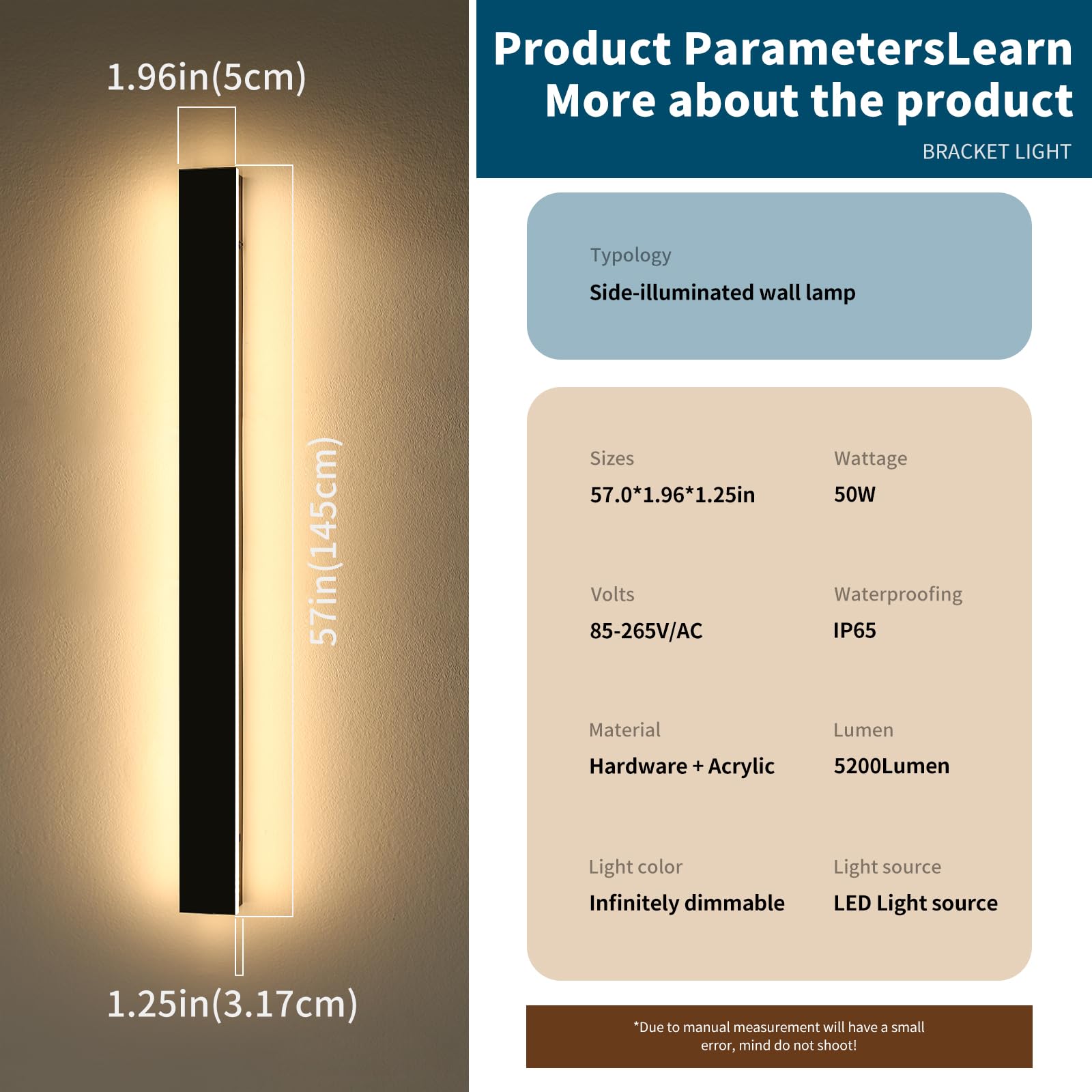 Daoseolo 57inch LED Dimmable Outdoor Wall Sconce with Remote Control, IP65 Waterproof, Iron Material