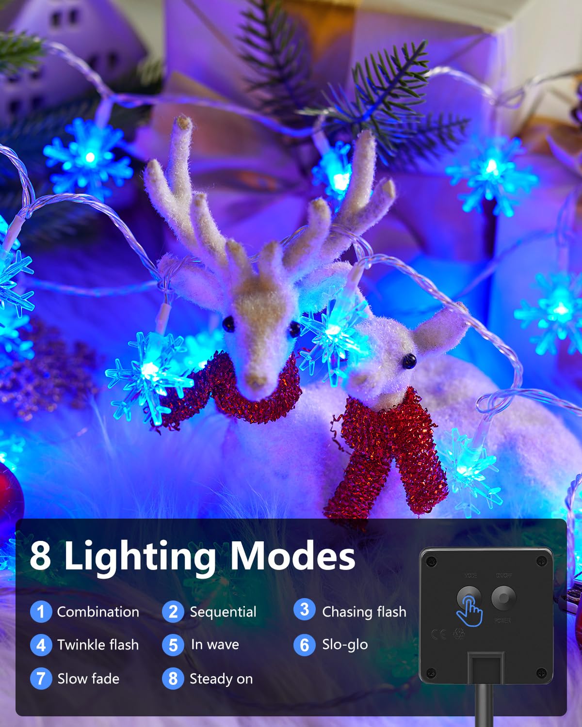 Brightown Solar Snowflake String Lights, 200 LED, 72FT, Waterproof, 8 Lighting Modes, Blue