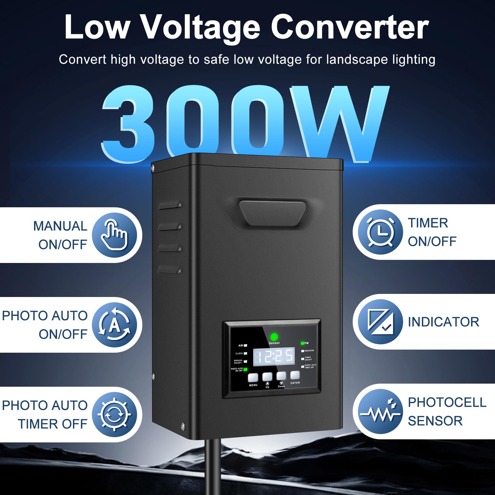 300W Low Voltage Landscape Transformer  Landscape Lighting Transformer With Timer And Photocell Sensor  120V Ac To 12V/14V Ac Outdoor Weatherproof Low Voltage Transformers For Landscape Lighting